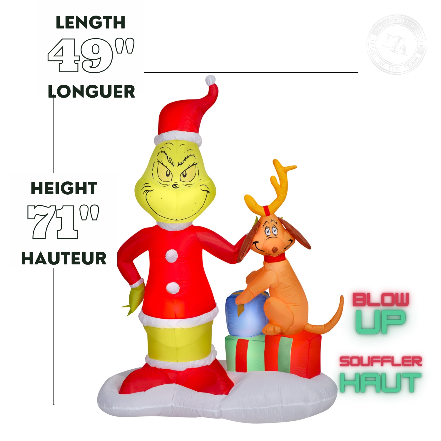 GEMMY INDUSTRIES Airblown® Christmas-Grinch gonflable et Max avec scène Presents-MD-Dr. Seuss – 71 x 49 po