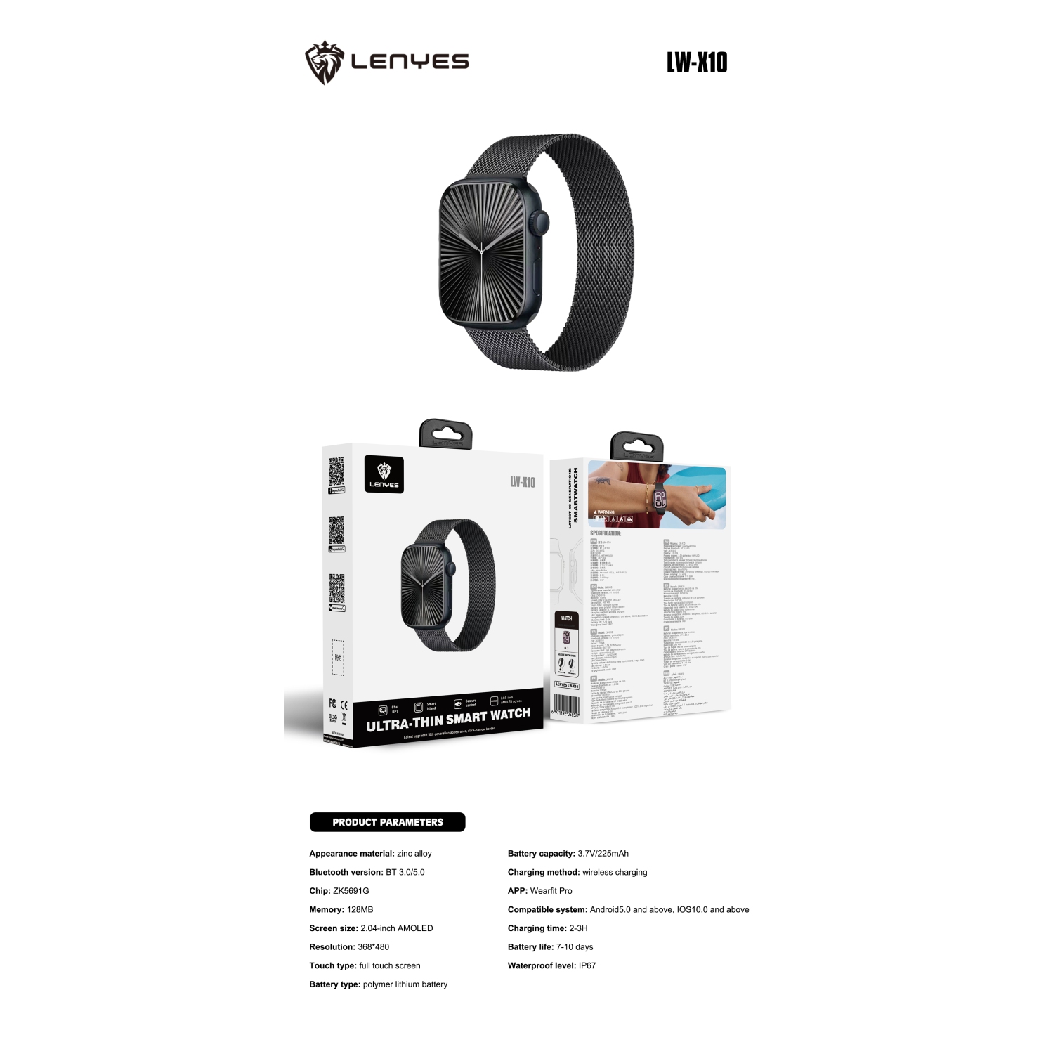 LENYES Smartwatch S10 | 2.04″ AMOLED • BT 5.0 Calls • Smart Island Alerts • Gesture Control • 7-10 Day Battery • IP67 Waterproof
