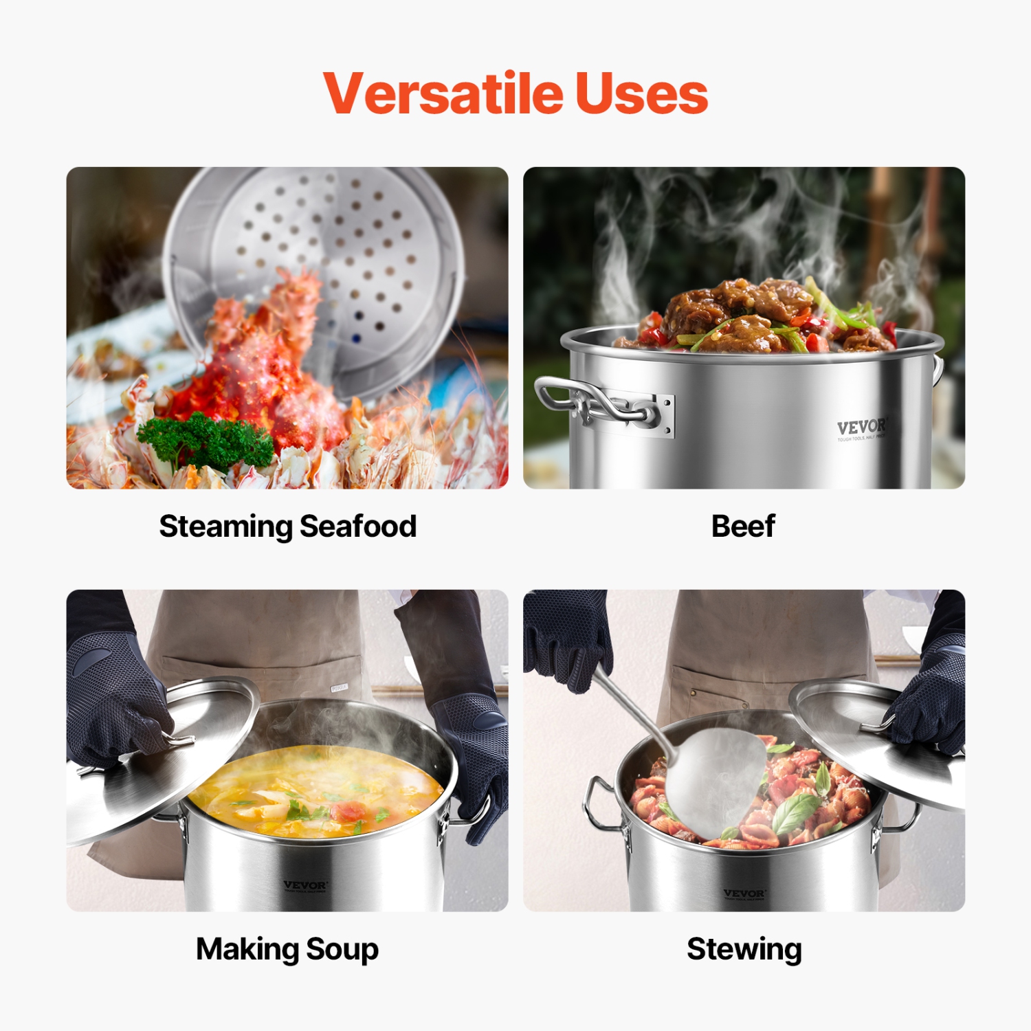 VEVOR 36 Quart Stainless Steel Stockpot, Cookware Sauce Pot with Basket, Lid, and Handle, Heavy Duty Commercial Grade Stock Pot, for Steaming Boiling
