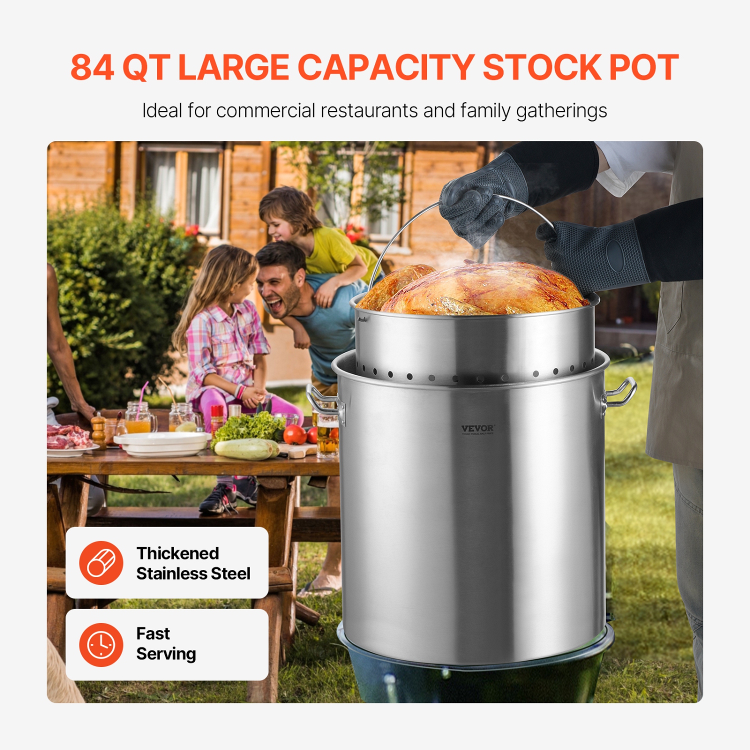 VEVOR 84 Quart Stainless Steel Stockpot, Large Cooking Pots, Cookware Sauce Pot with Basket, Lid, and Handle, Heavy Duty Commercial Grade Stock Pot,