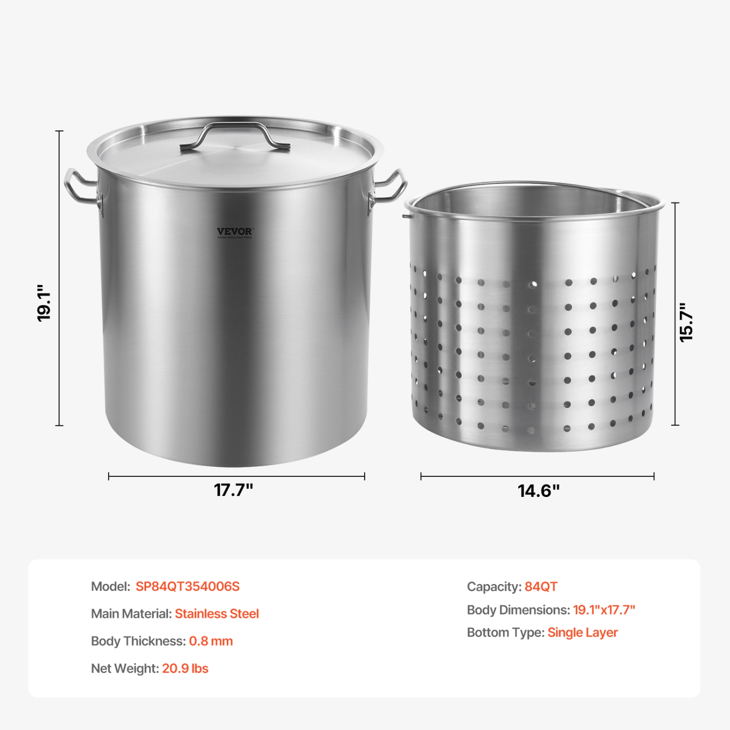 VEVOR 84 Quart Stainless Steel Stockpot, Large Cooking Pots, Cookware Sauce Pot with Basket, Lid, and Handle, Heavy Duty Commercial Grade Stock Pot,