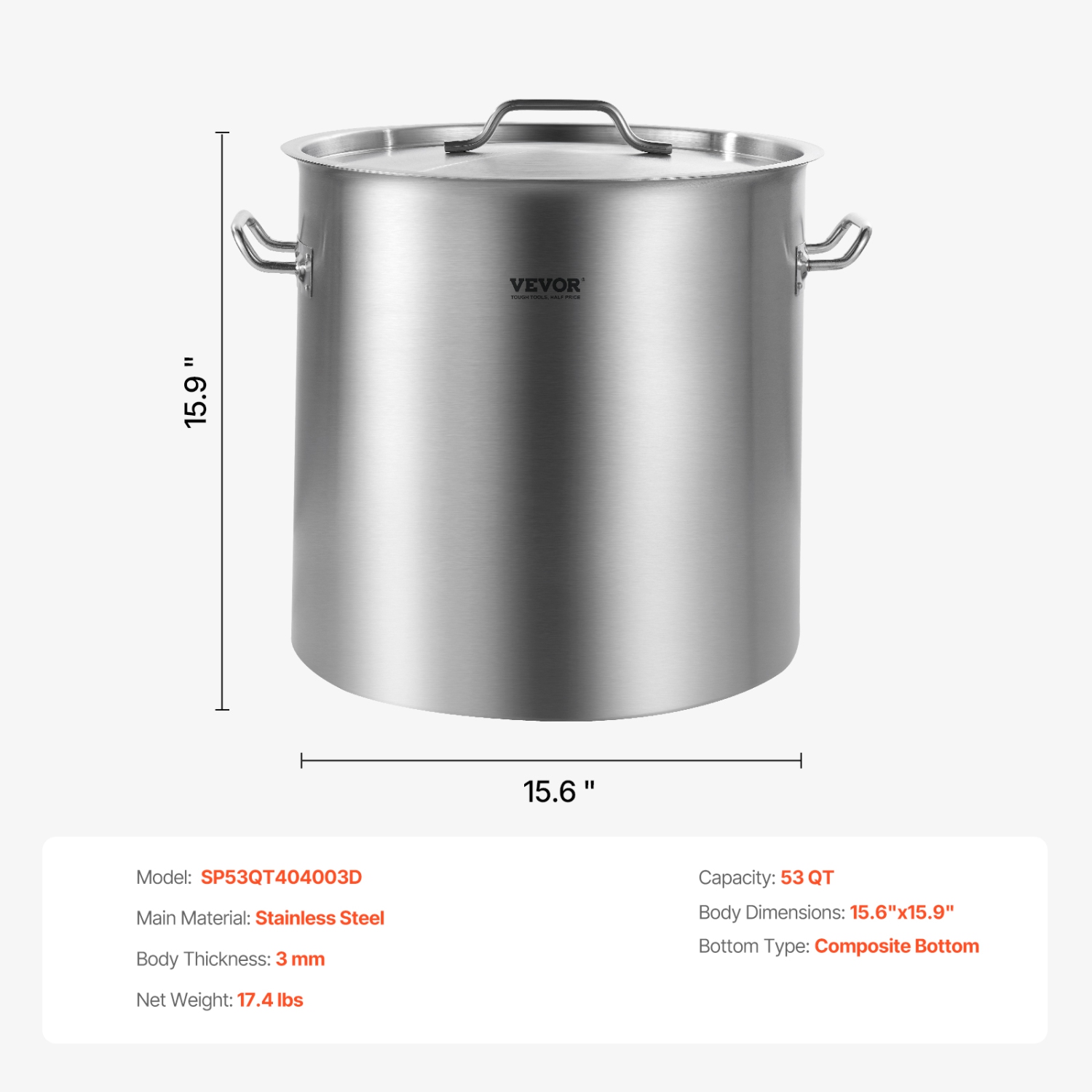 VEVOR 53 Quart Stainless Steel Stockpot, Large Cooking Pots, Cookware Sauce Pot with Lid, and Handle, Heavy Duty Commercial Grade Stock Pot, for