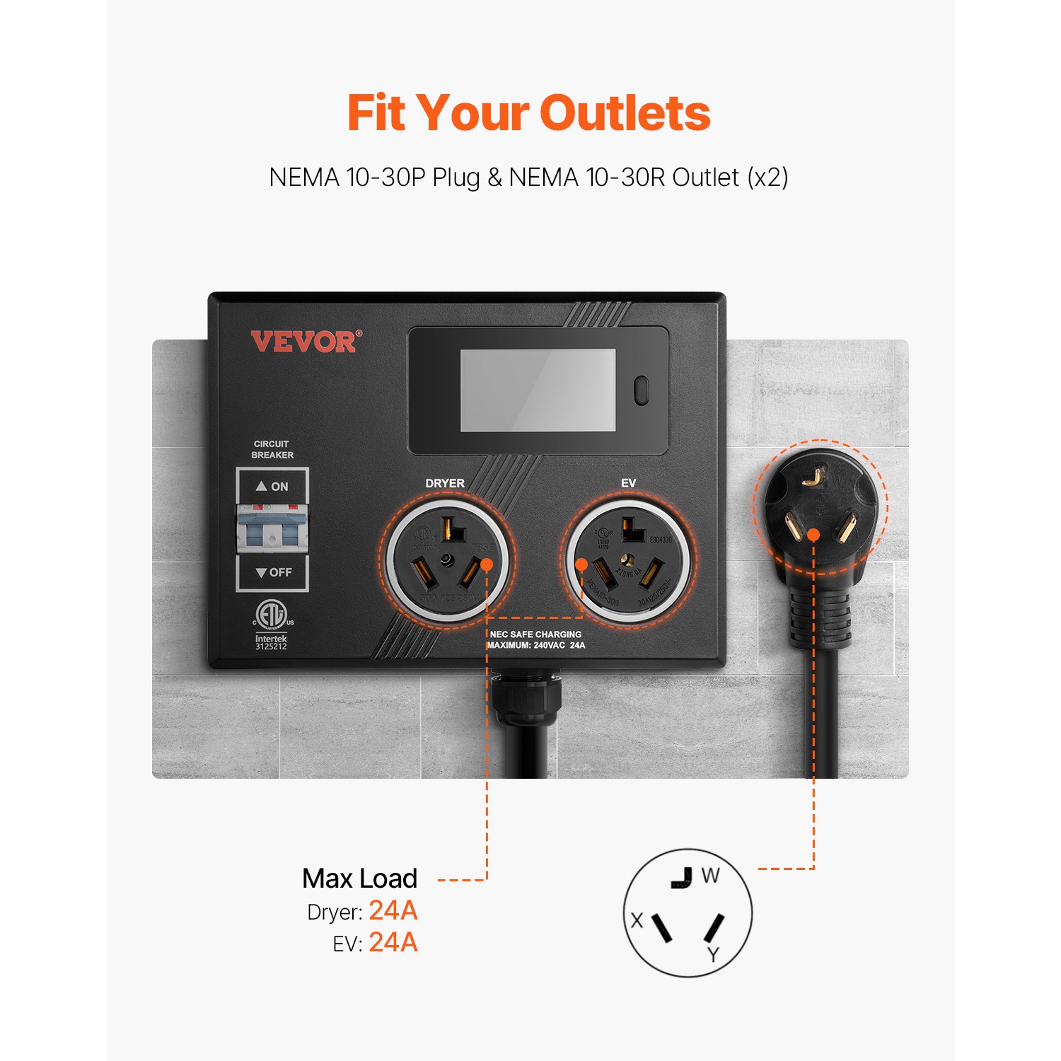 VEVOR 240V NEMA Splitter for Dryer and EV, 3-Color LED Indicator, Smart Power Distribution, With NEMA 10-30 Plug, Two NEMA 10-30 Outlets, 3.4 in LCD