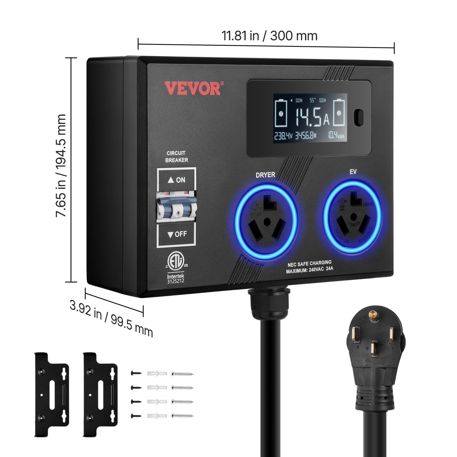 VEVOR 240V NEMA Splitter for Dryer and EV, 3-Color LED Indicator, Smart Power Distribution, With NEMA 10-30 Plug, Two NEMA 10-30 Outlets, 3.4 in LCD