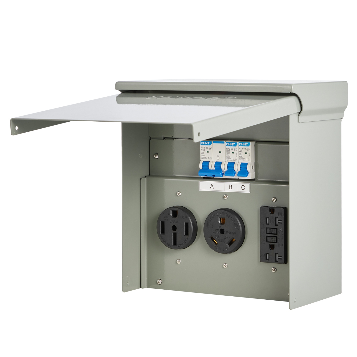 VEVOR 20 30 50 Amp Temporary Power Outlet Panel, RV EV Electrical Outlet Panel, with NEMA 50 Amp NEMA 30 Amp GFCI 20 Amp Receptacle Installed,