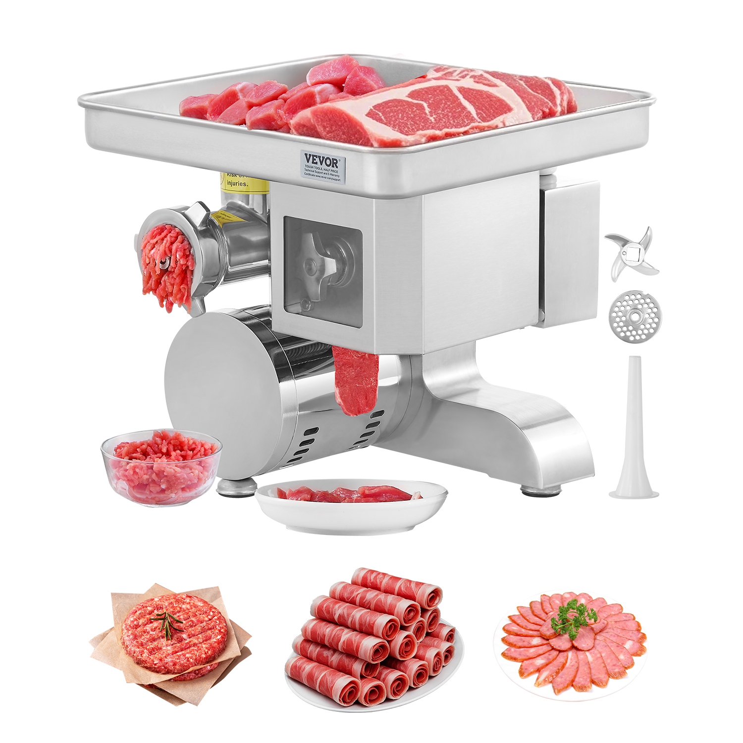 VEVOR 11 Lbs/Min Meat Grinder, Electric Meat Grinder, Slicer, Sausage Stuffer with Blade, Grinding Plate, Sausage Maker, Stainless Steel Commercial