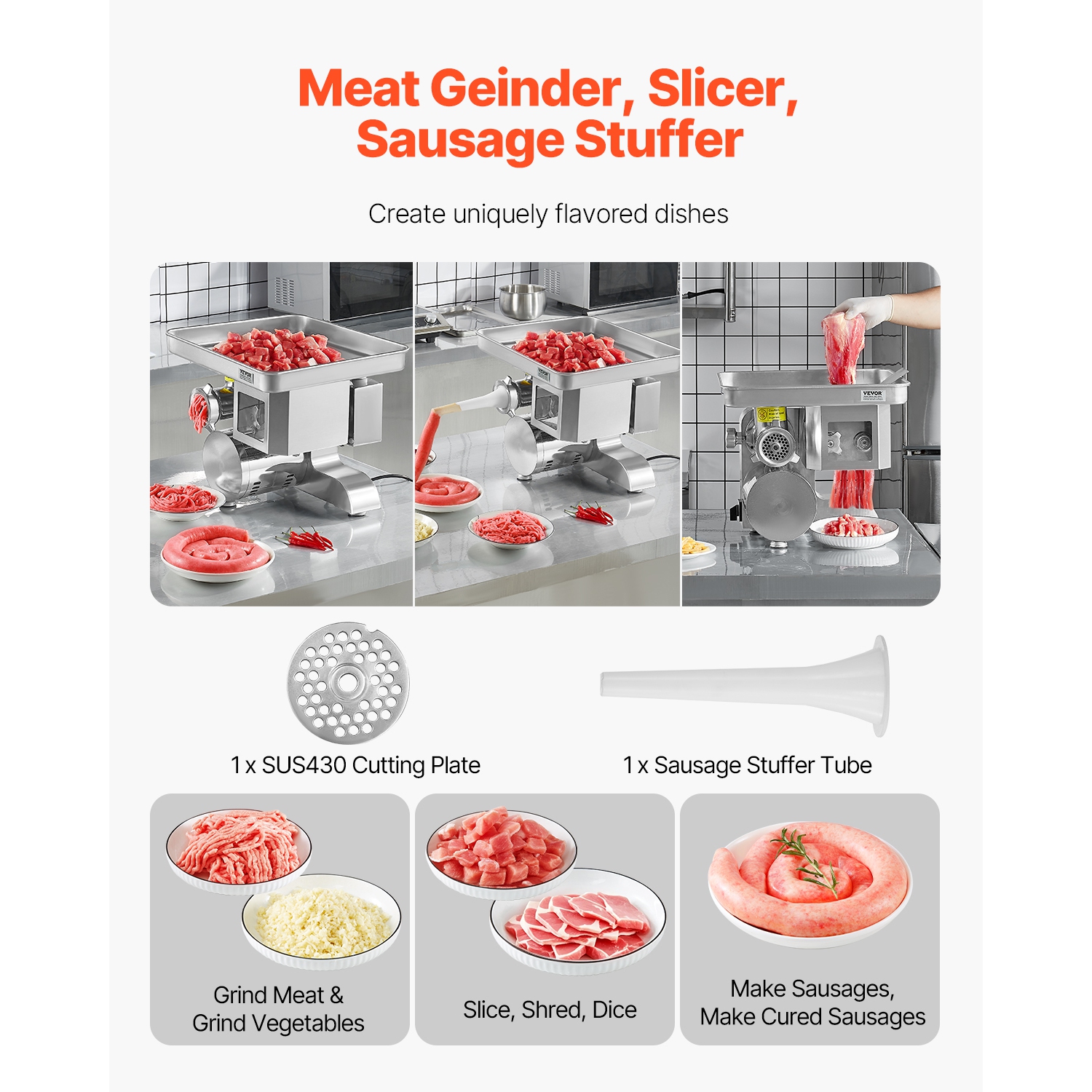VEVOR 11 Lbs/Min Meat Grinder, Electric Meat Grinder, Slicer, Sausage Stuffer with Blade, Grinding Plate, Sausage Maker, Stainless Steel Commercial