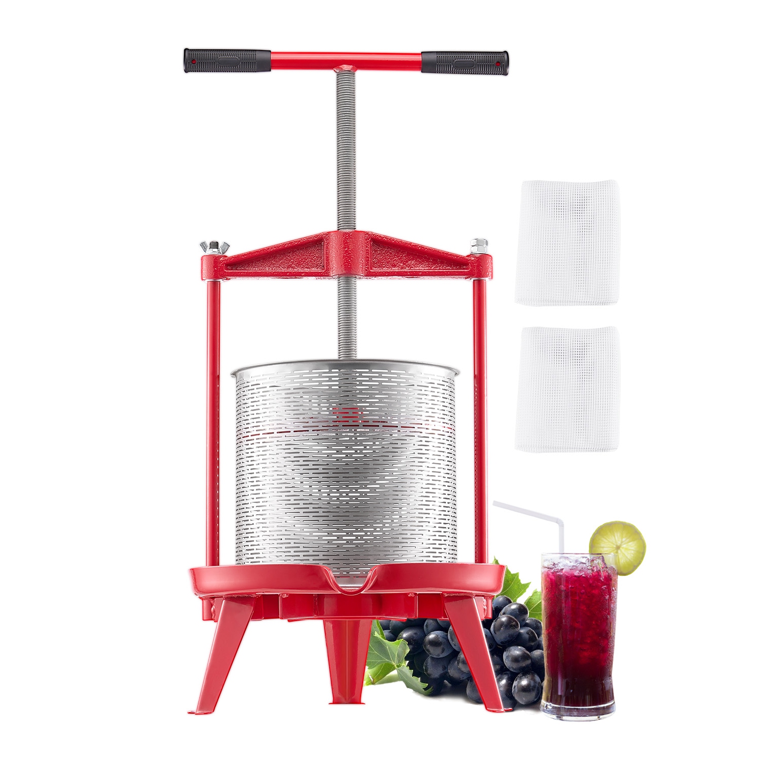 VEVOR 3.69 Gal/14L Fruit Wine Press, Stainless Steel Basket with Cross-beam and Triangular Structure, Manual Juice Maker, Cider Apple Grape Tincture