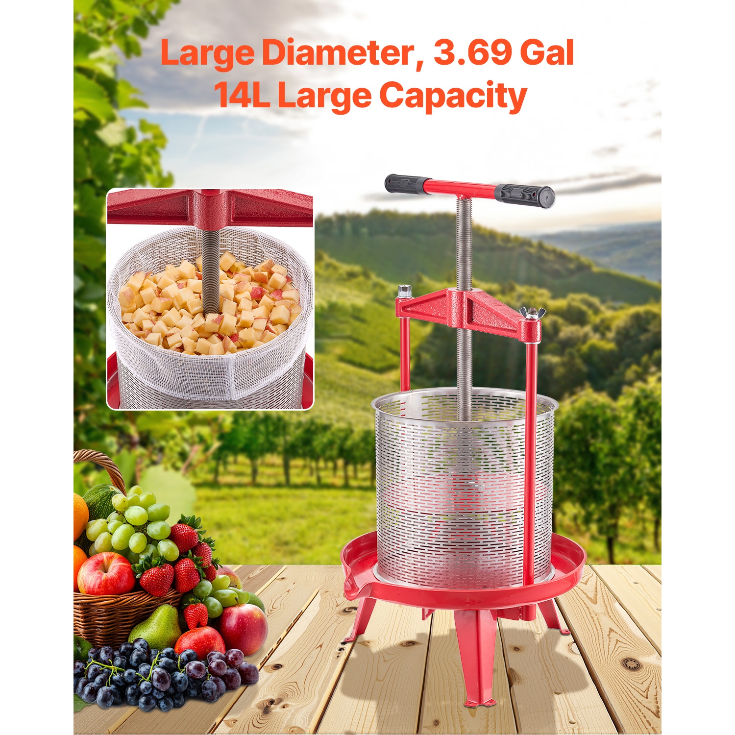 VEVOR 3.69 Gal/14L Fruit Wine Press, Stainless Steel Basket with Cross-beam and Triangular Structure, Manual Juice Maker, Cider Apple Grape Tincture