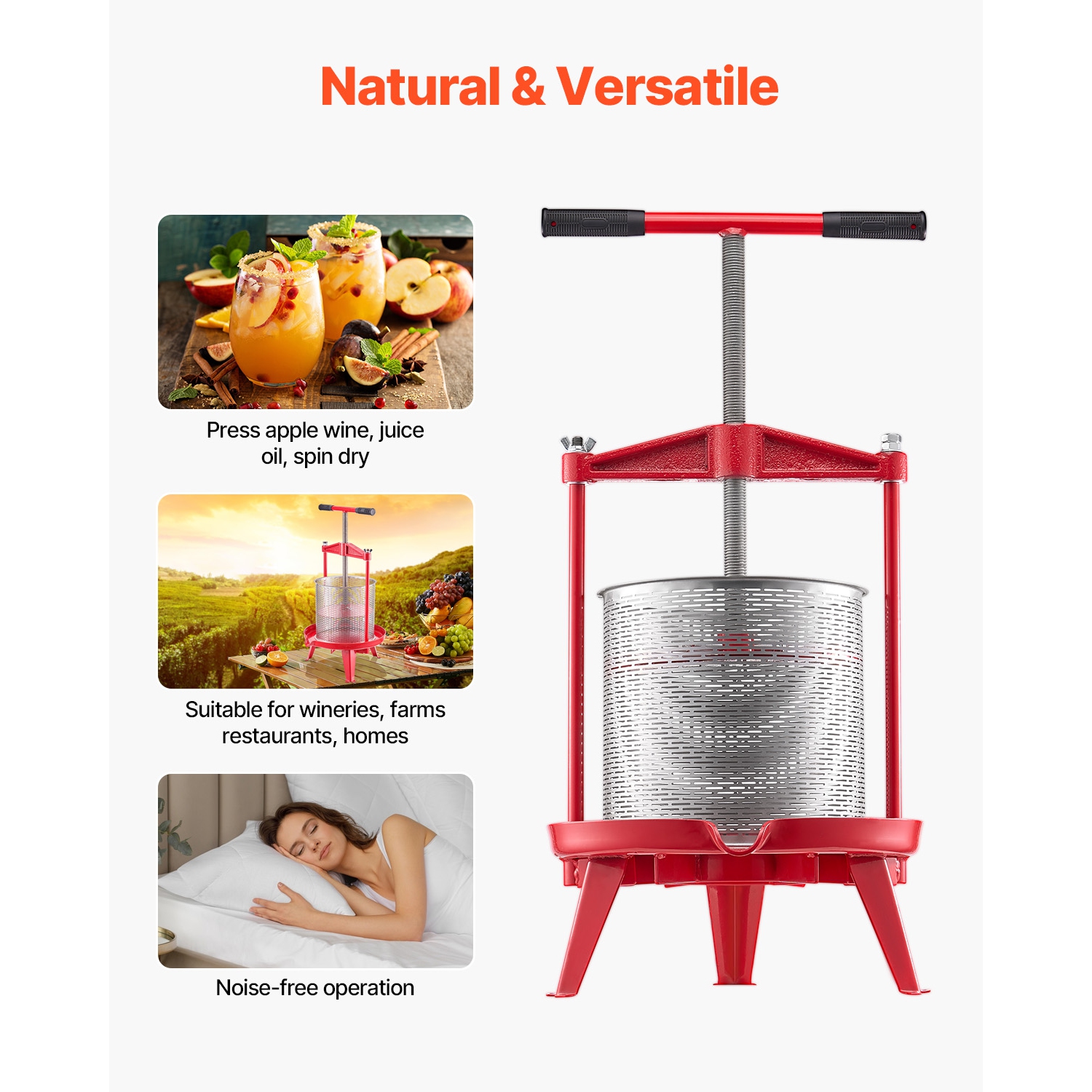 VEVOR 3.69 Gal/14L Fruit Wine Press, Stainless Steel Basket with Cross-beam and Triangular Structure, Manual Juice Maker, Cider Apple Grape Tincture
