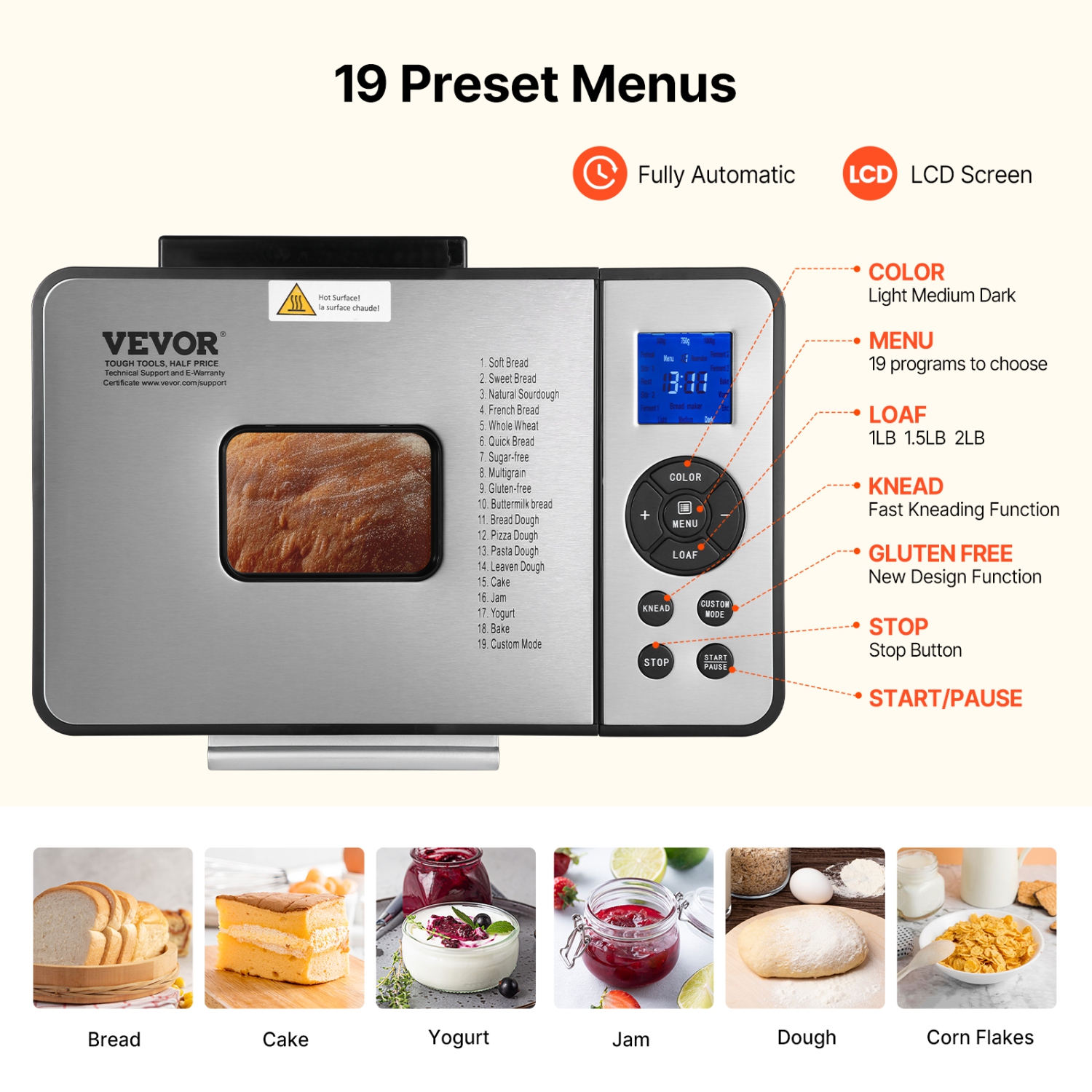 VEVOR 19-in-1 2LB Bread Maker, Dough Machine, Nonstick Ceramic Pan Automatic Breadmaker with Gluten Free Setting, Whole Wheat Bread Making, Digital,