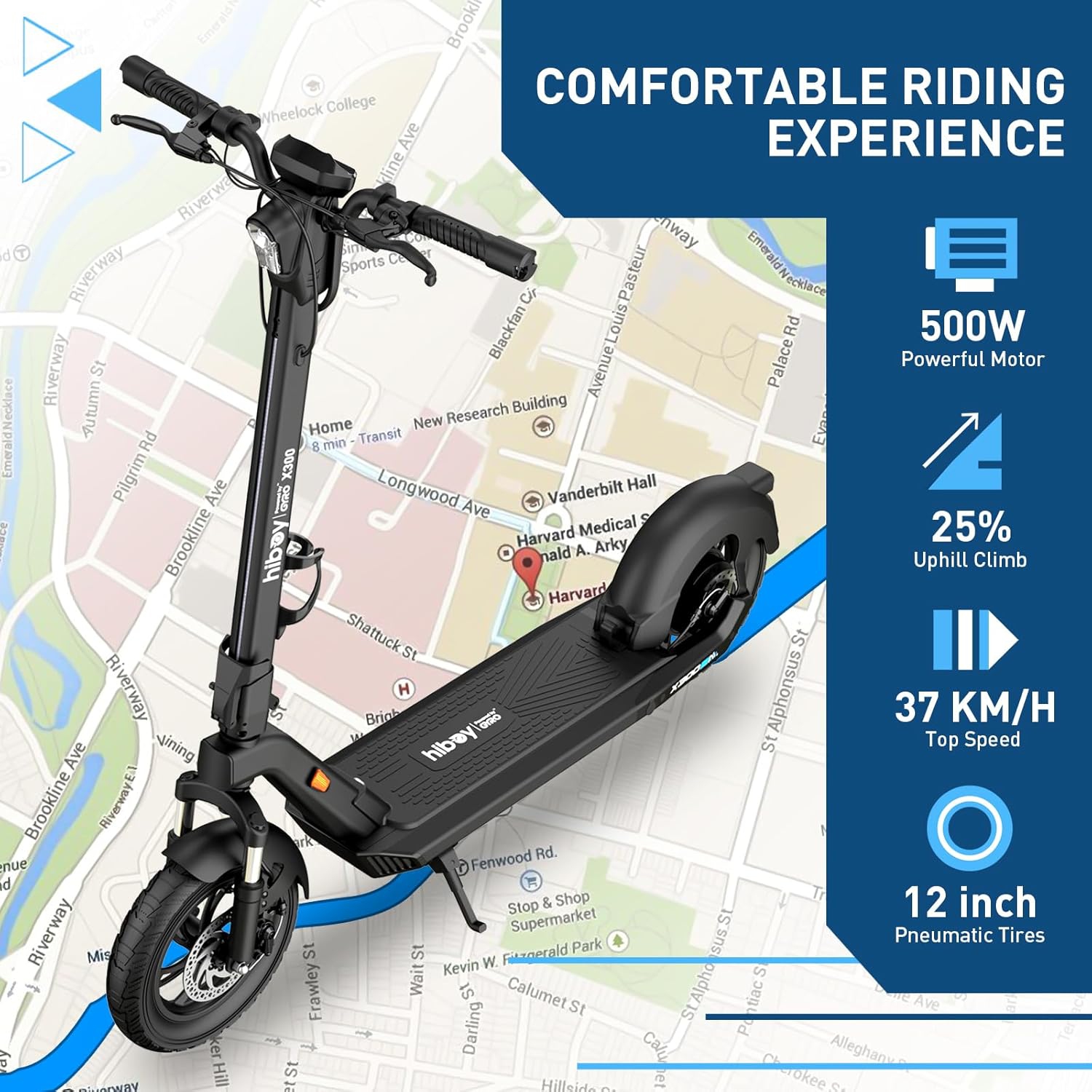 Hiboy X300 Electric Scooter, 700W Peak Motor, 12" Pneumatic Tires, 37KM/H & 61.2KM Range, Hydraulic Suspension, Foldable Commuter Electric Scooter