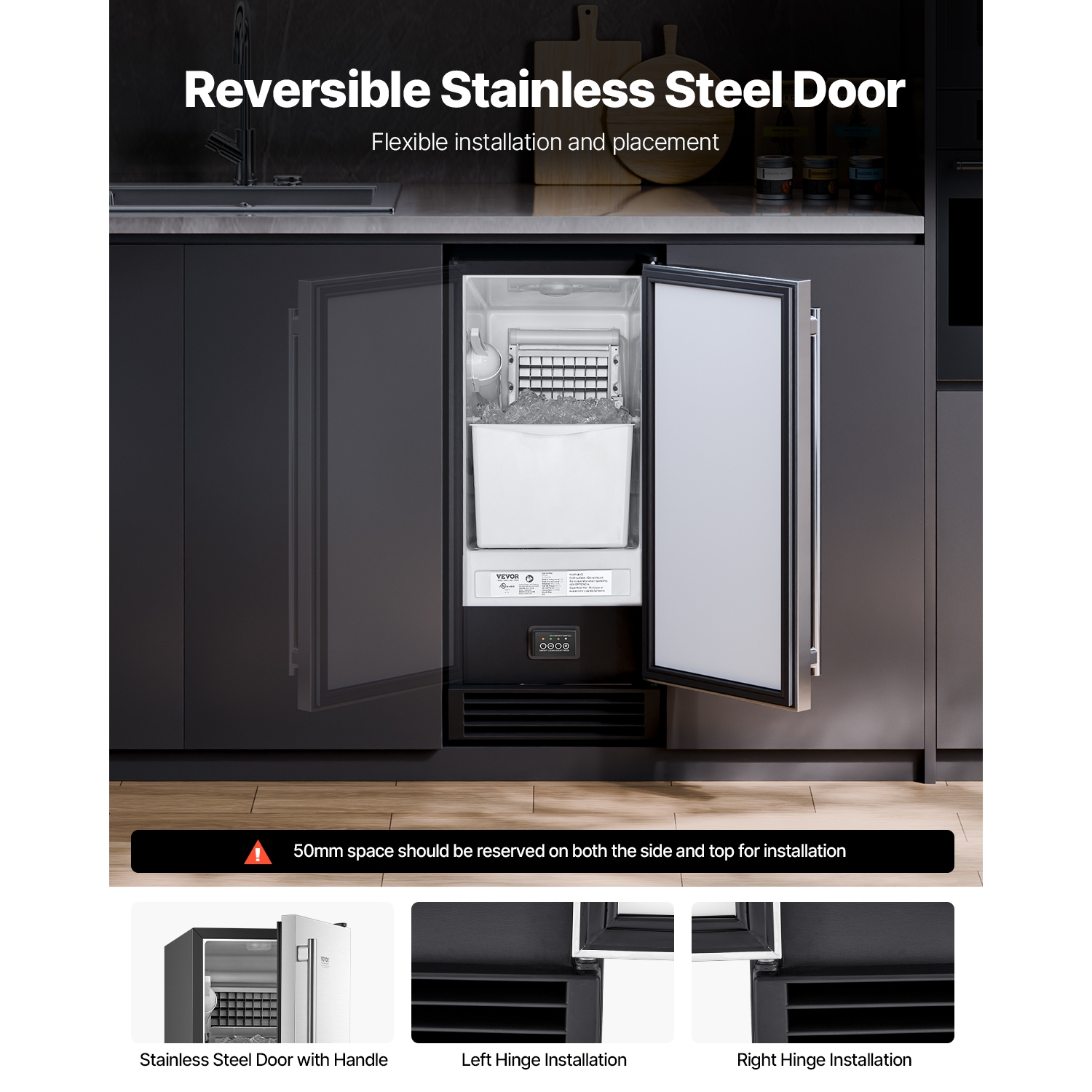 VEVOR 50 Lbs/Day Undercounter Built-in Ice Maker,Under Counter Ice Maker Machine with Drain Pump Reversible Door Stainless Steel, Freestanding Ice