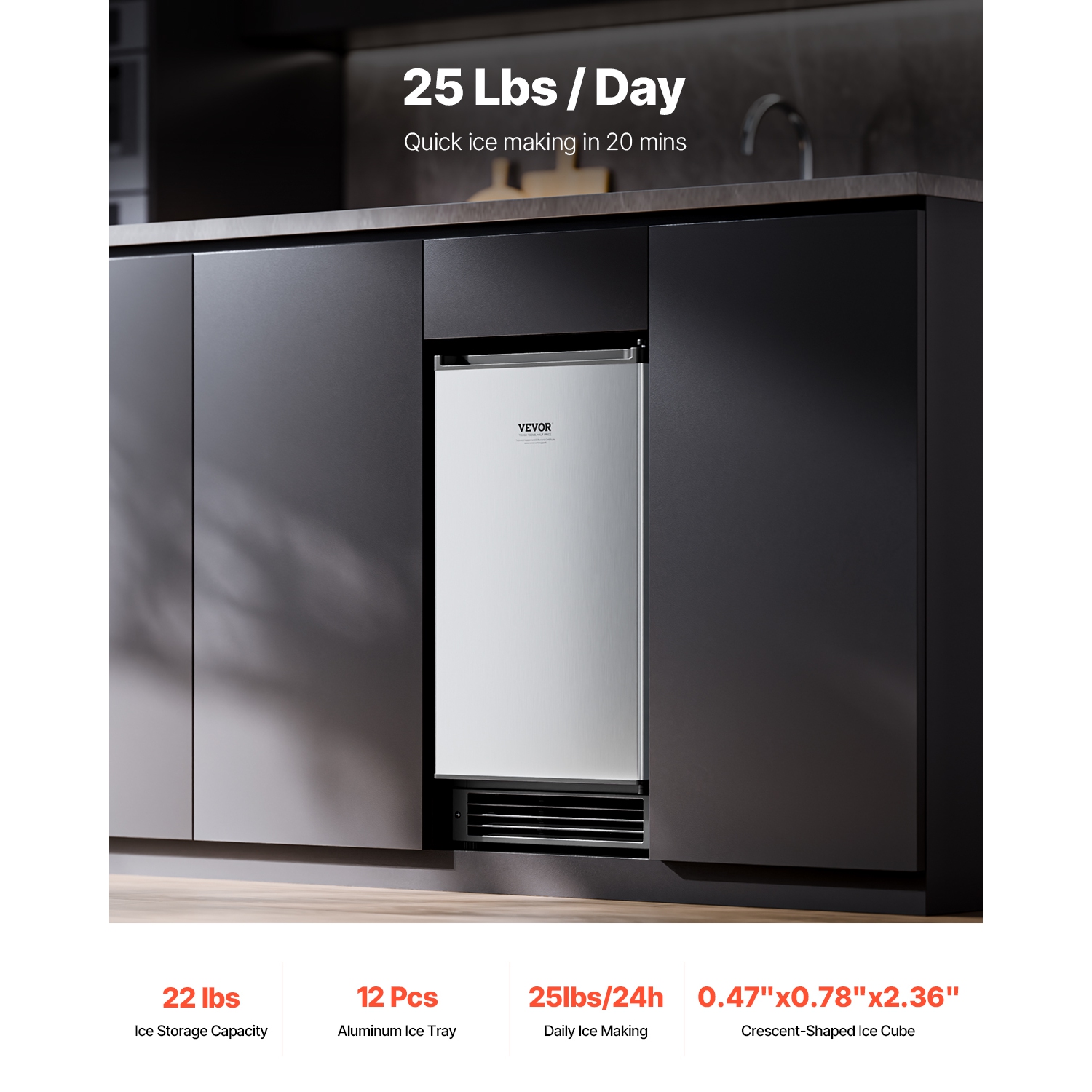 VEVOR 25 Lbs/Day Undercounter Built-in Ice Maker, Under Counter Ice Maker Machine with Reversible Door Stainless Steel, Freestanding Ice Maker for