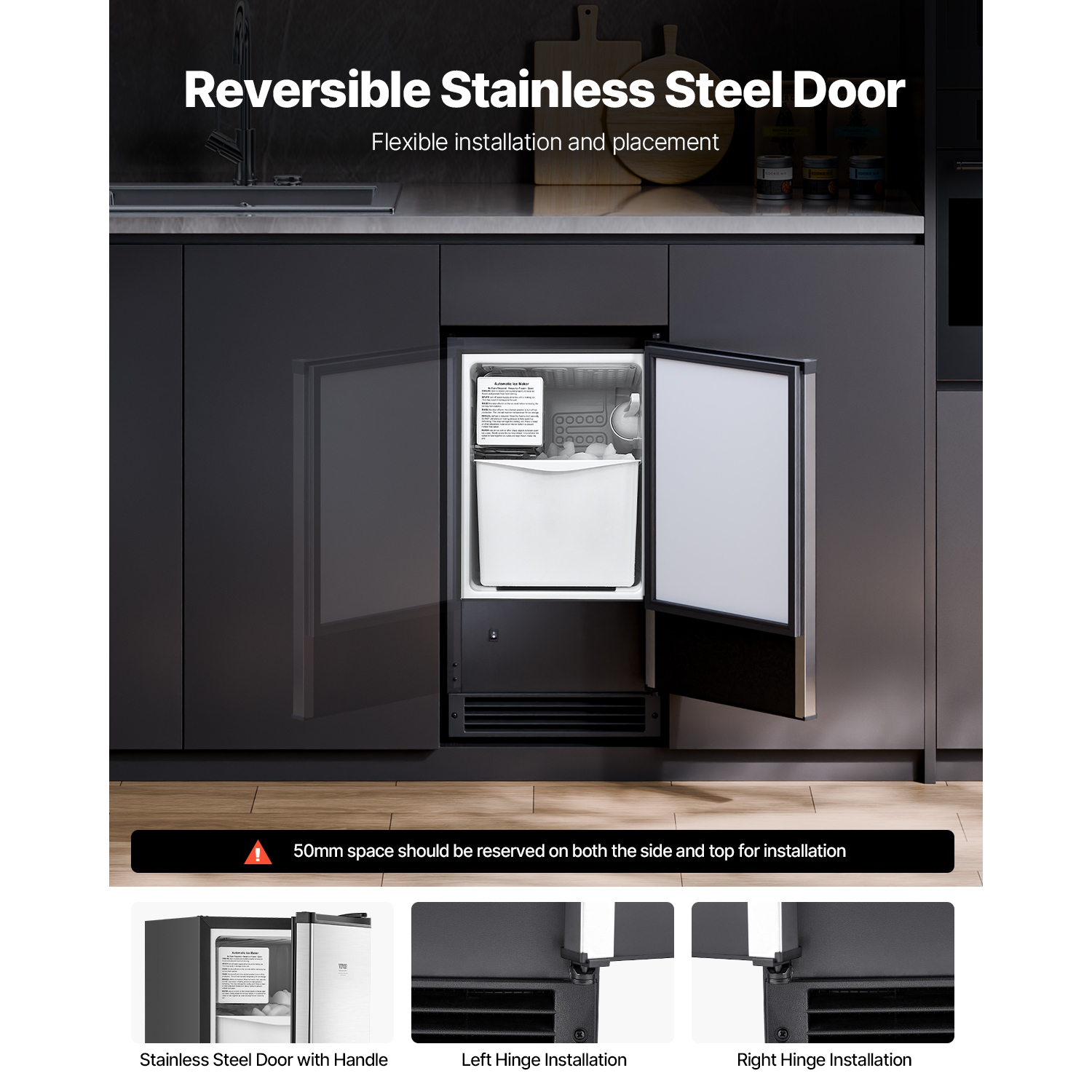 VEVOR 25 Lbs/Day Undercounter Built-in Ice Maker, Under Counter Ice Maker Machine with Reversible Door Stainless Steel, Freestanding Ice Maker for