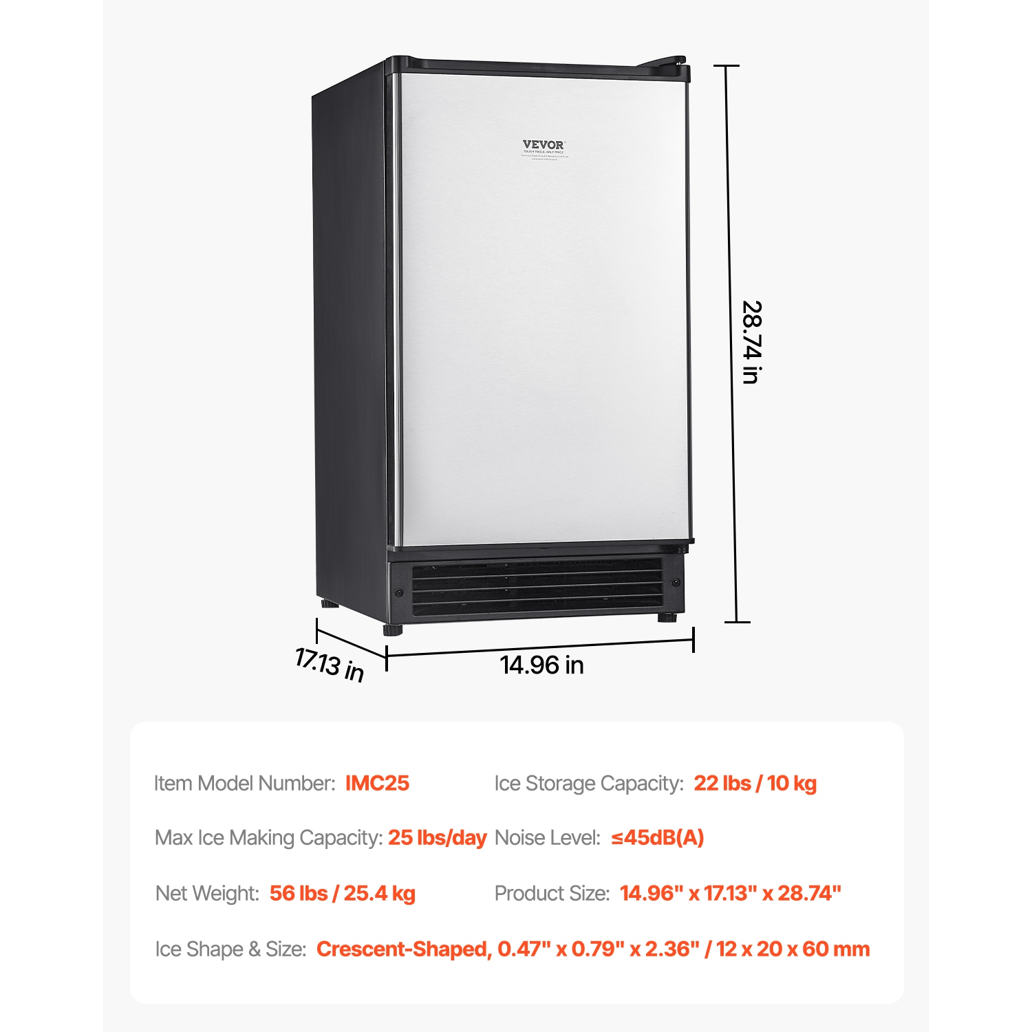 VEVOR 25 Lbs/Day Undercounter Built-in Ice Maker, Under Counter Ice Maker Machine with Reversible Door Stainless Steel, Freestanding Ice Maker for
