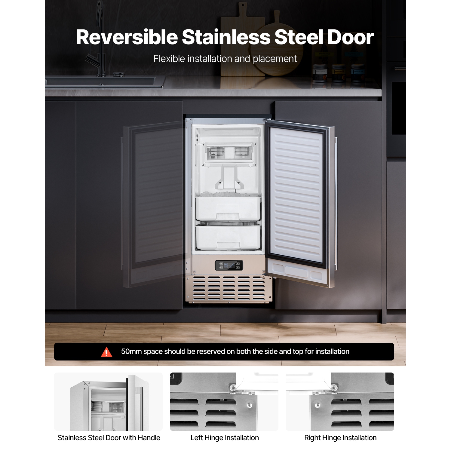 Machine à glaçons sous le comptoir de 66 lb/jour VEVOR, machine à glaçons sous le comptoir avec porte réversible en acier inoxydable, machine à