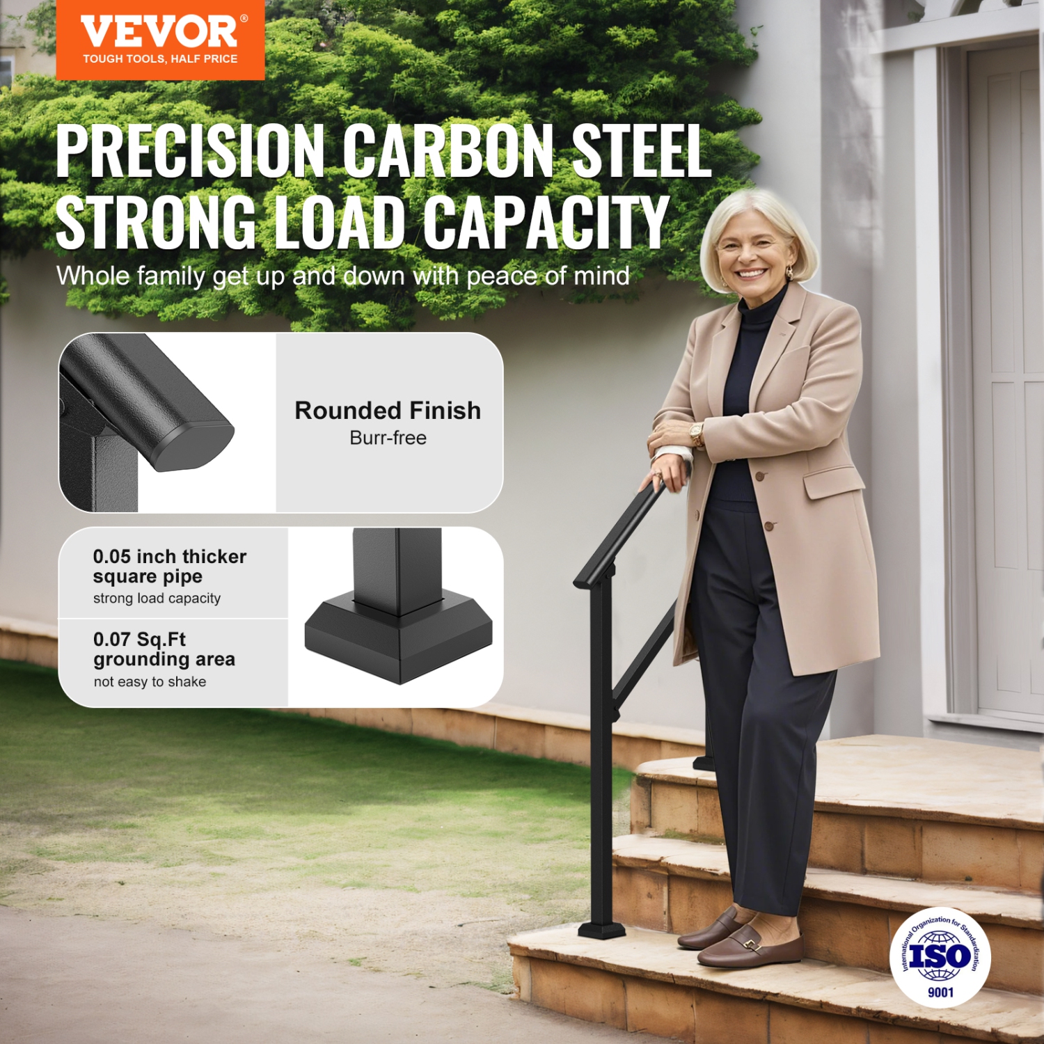 VEVOR 2 PCS Handrails for Outdoor Steps, 2-3 Step Stair Kit, Carbon Steel Railings with Installation Kit, Stair Rails for Seniors, Concrete & Porch &