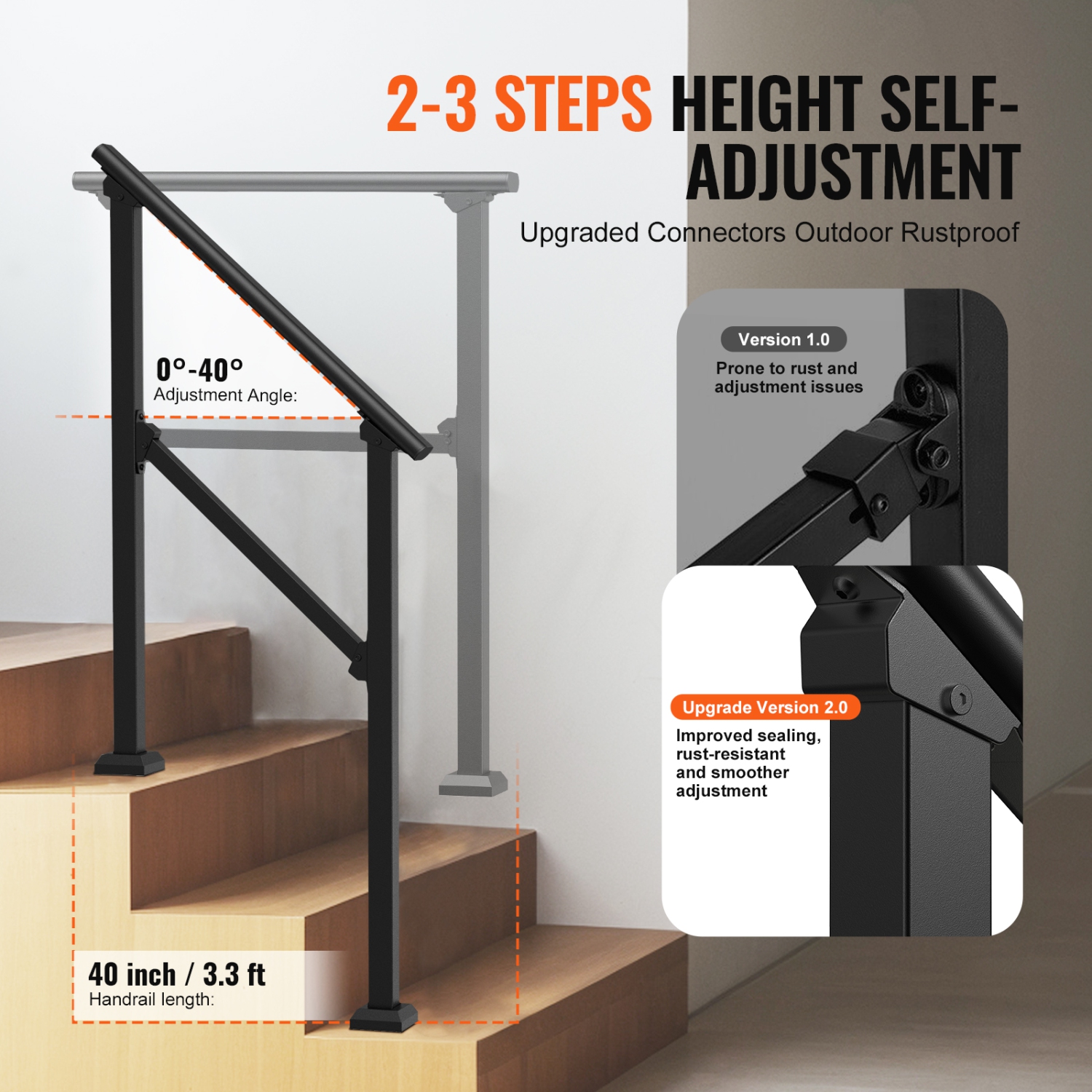 VEVOR 2 PCS Handrails for Outdoor Steps, 2-3 Step Stair Kit, Carbon Steel Railings with Installation Kit, Stair Rails for Seniors, Concrete & Porch &