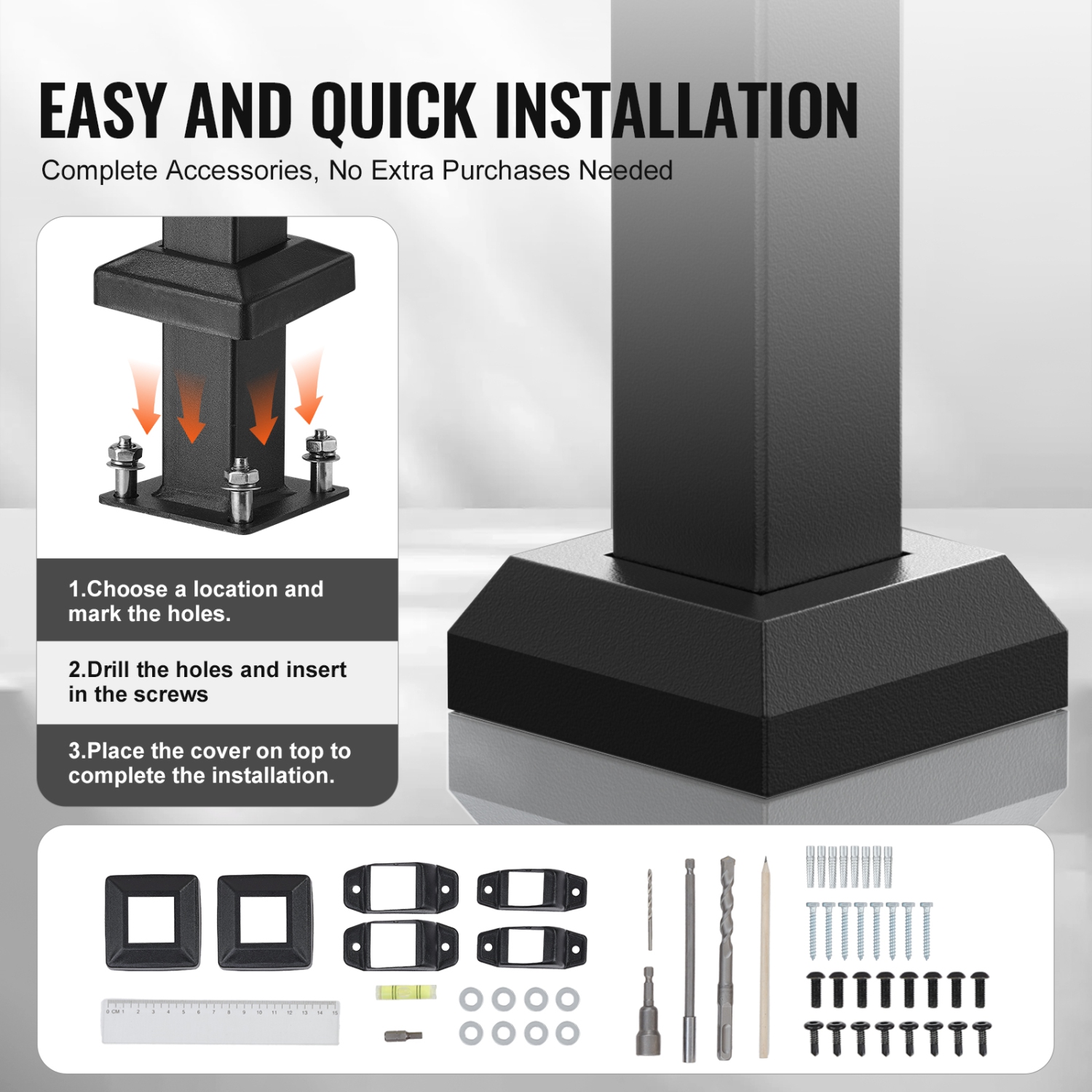 VEVOR 2 PCS Handrails for Outdoor Steps, 2-3 Step Stair Kit, Carbon Steel Railings with Installation Kit, Stair Rails for Seniors, Concrete & Porch &