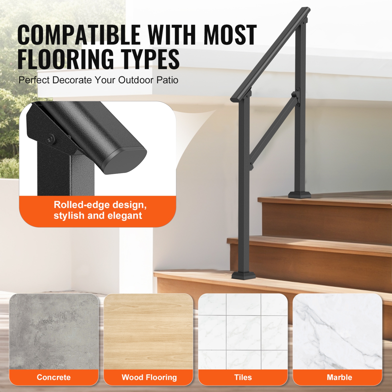 VEVOR 2 PCS Handrails for Outdoor Steps, 2-3 Step Stair Kit, Carbon Steel Railings with Installation Kit, Stair Rails for Seniors, Concrete & Porch &