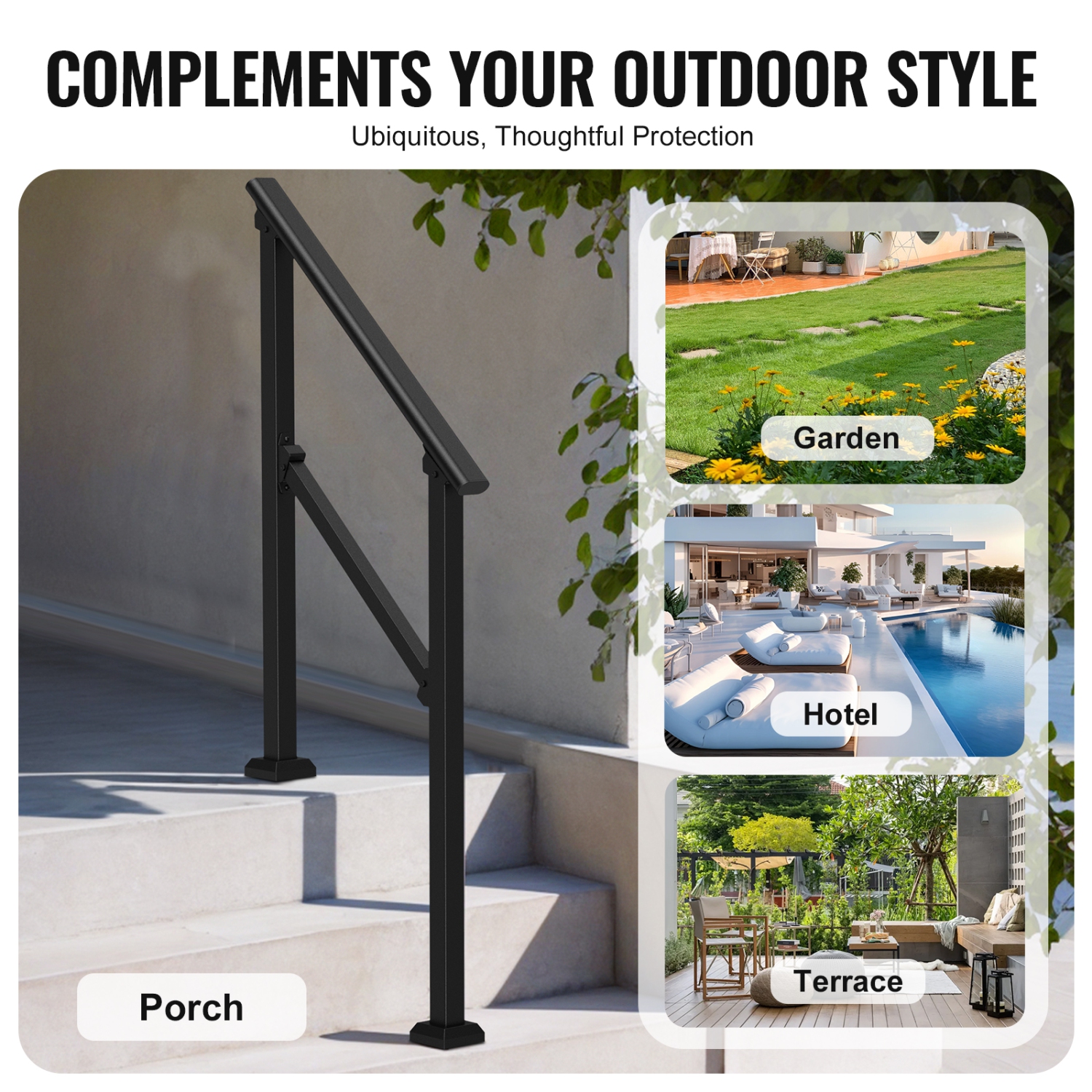 VEVOR 2 PCS Handrails for Outdoor Steps, 2-3 Step Stair Kit, Carbon Steel Railings with Installation Kit, Stair Rails for Seniors, Concrete & Porch &