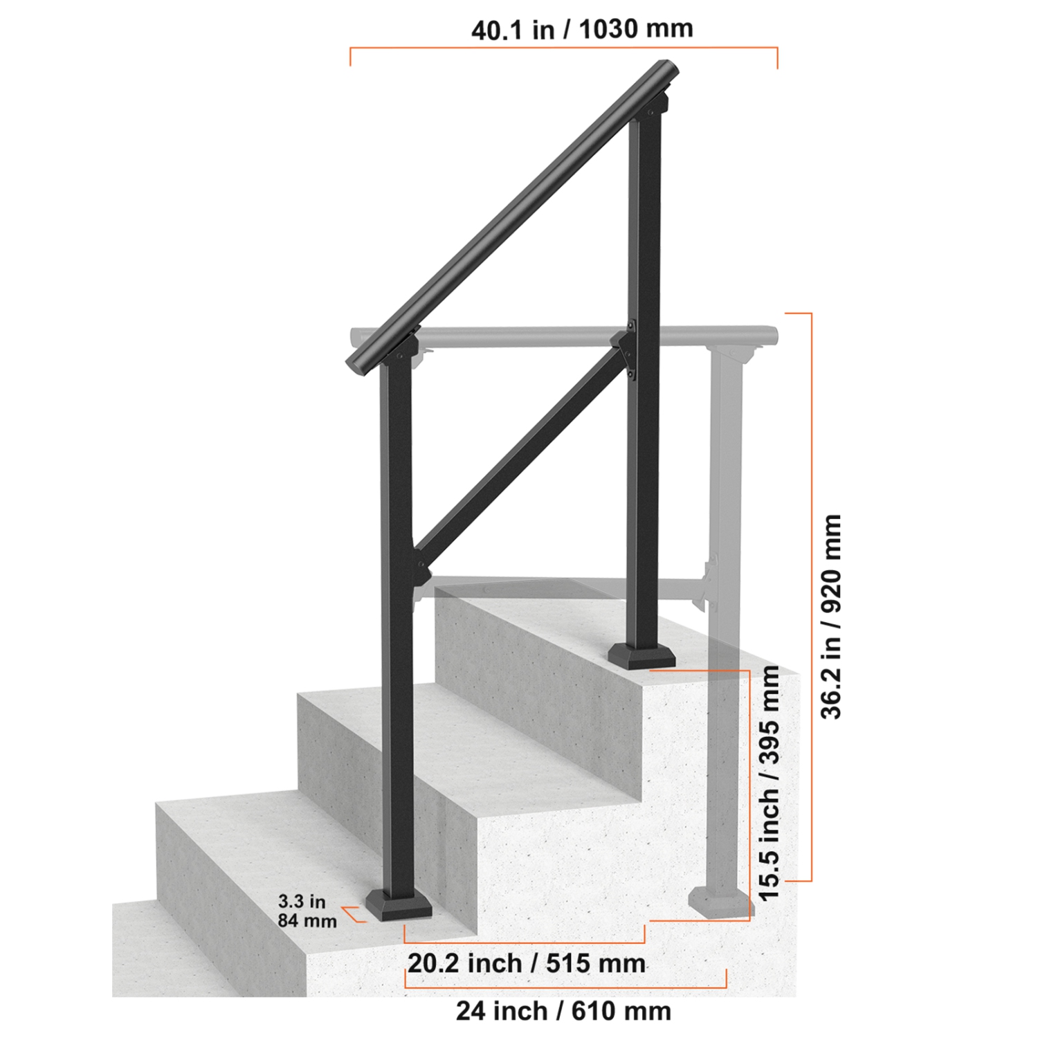 VEVOR 2 PCS Handrails for Outdoor Steps, 2-3 Step Stair Kit, Carbon Steel Railings with Installation Kit, Stair Rails for Seniors, Concrete & Porch &