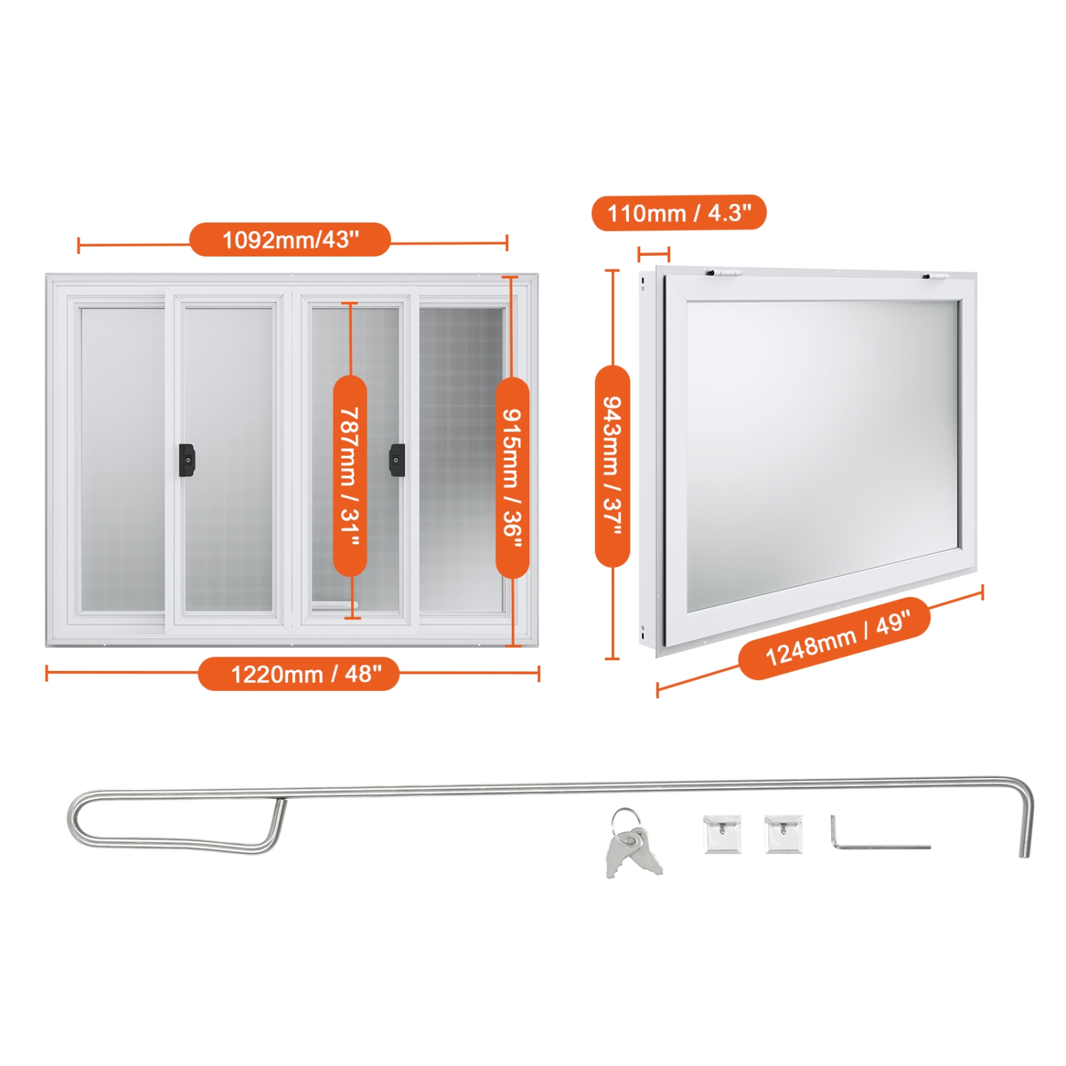VEVOR 48"x36" Food Truck Concession Window, Aluminum Alloy Window, Up to 85° Opening, with 4 Sliding Windows & Awning Door & Drag Hook, for Food