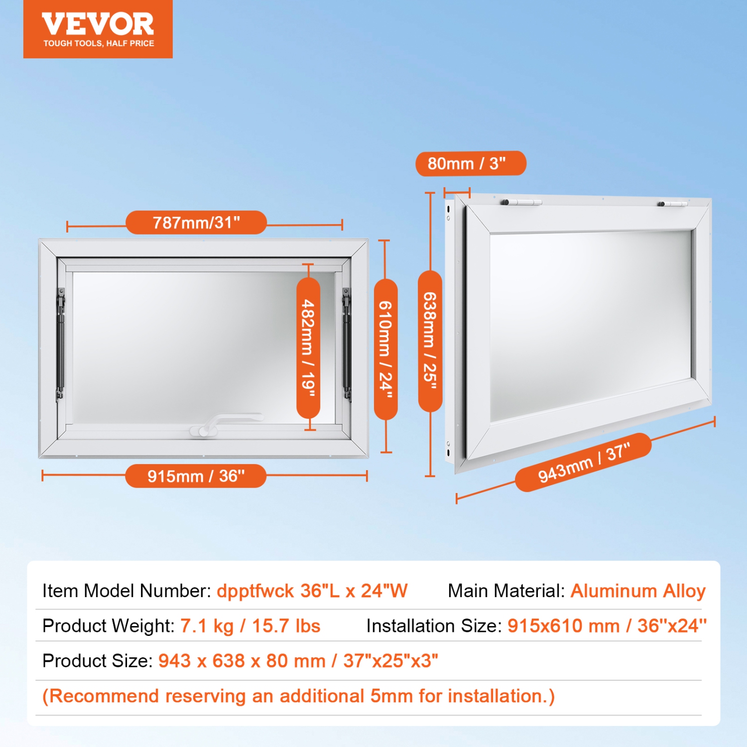 VEVOR 36"x24" Concession Window for Food Truck, Aluminum Alloy Window, Up to 85° Stand Serving Window, with Awning Door & Drag Hook, for Food Trucks