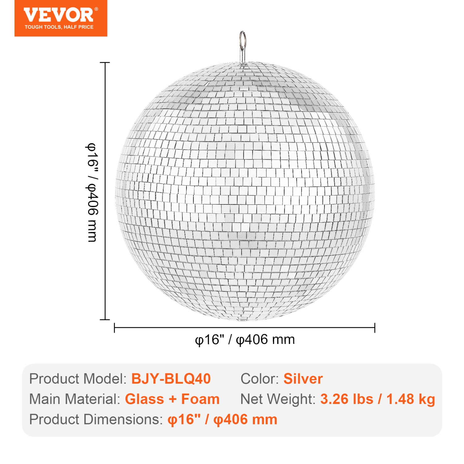 Boule disco miroir de 16 po VEVOR, boule miroir de fête avec anneau suspendu, grandes décorations de fête en forme de boule disco Lightning,
