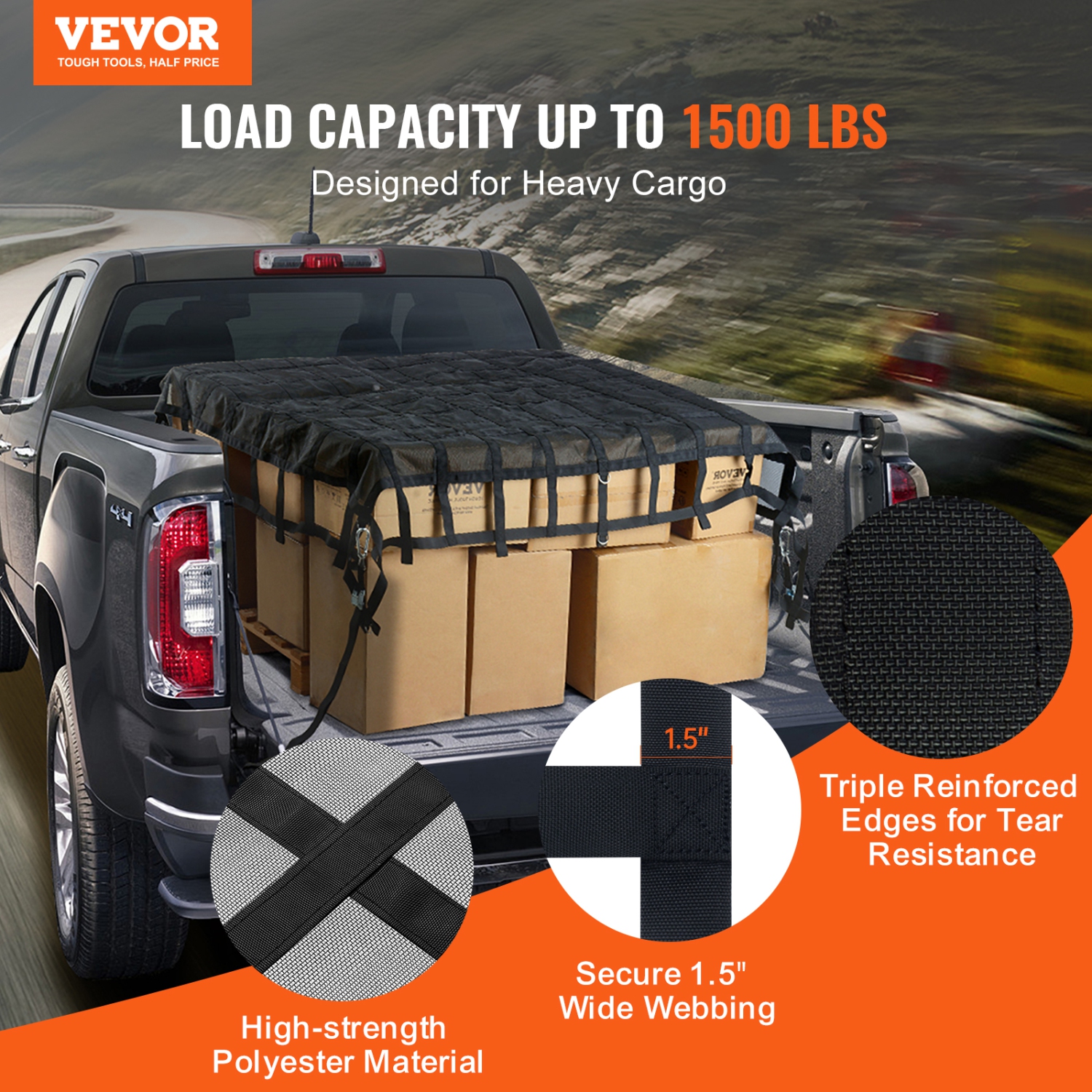 VEVOR 96 in x 81 in Cargo Net, Heavy Duty Truck Cargo Net for Truck Bed, 4 Adjustable Straps with Carabiners & S-Hooks, Wear-resistant &