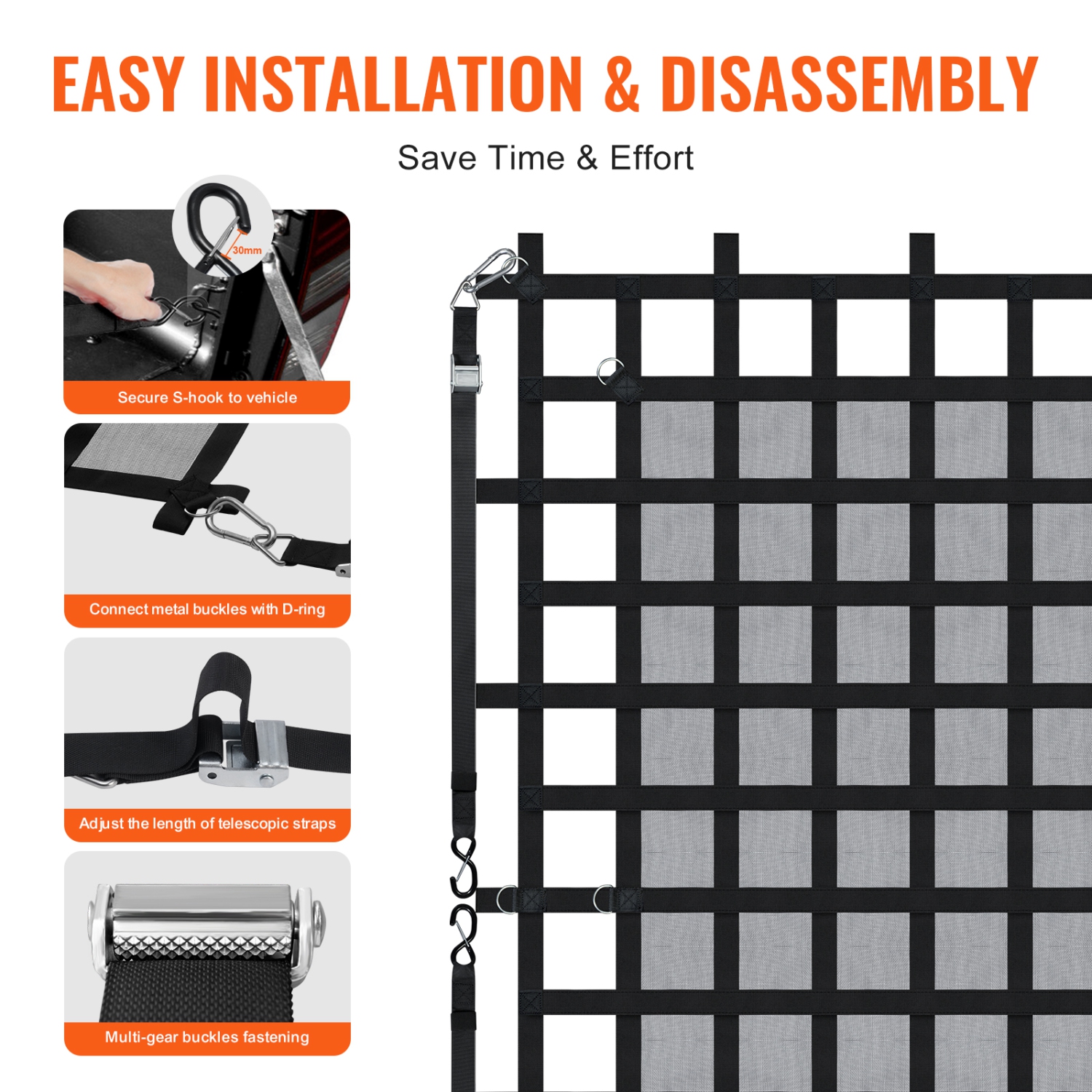 VEVOR 96 in x 81 in Cargo Net, Heavy Duty Truck Cargo Net for Truck Bed, 4 Adjustable Straps with Carabiners & S-Hooks, Wear-resistant &