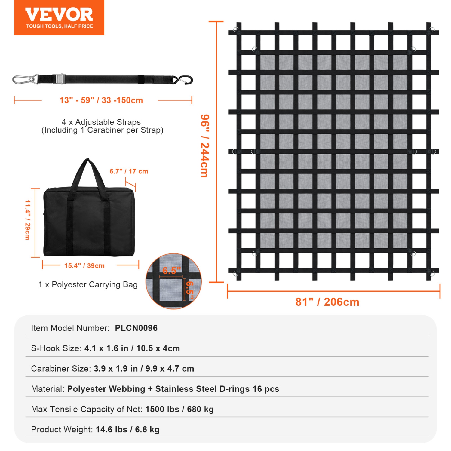 VEVOR 96 in x 81 in Cargo Net, Heavy Duty Truck Cargo Net for Truck Bed, 4 Adjustable Straps with Carabiners & S-Hooks, Wear-resistant &