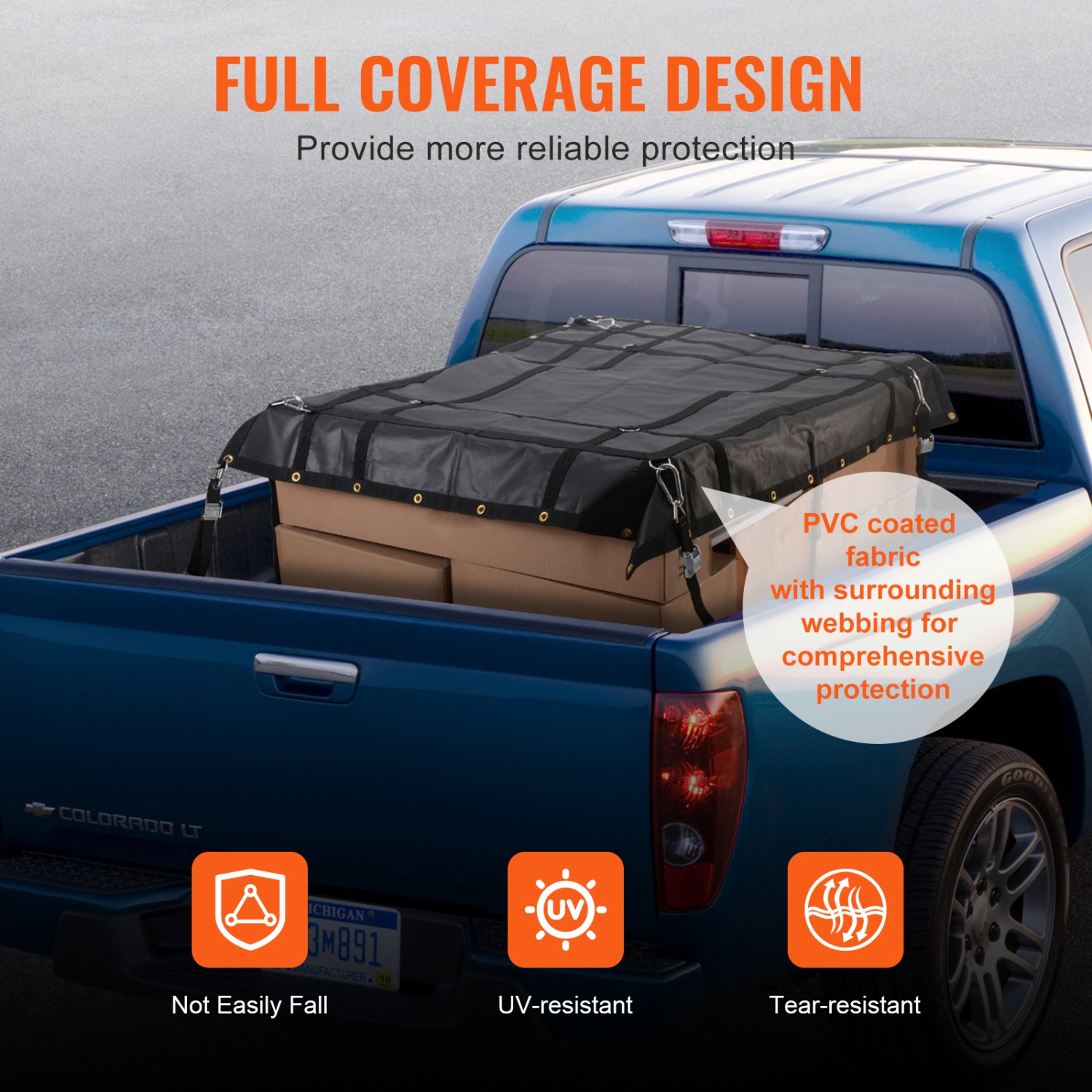 VEVOR 72 in x 57 in Cargo Net, Heavy Duty Truck Cargo Net for Truck Bed, 4 Adjustable Straps with Carabiners and Rubber Coated Hooks, Durable,