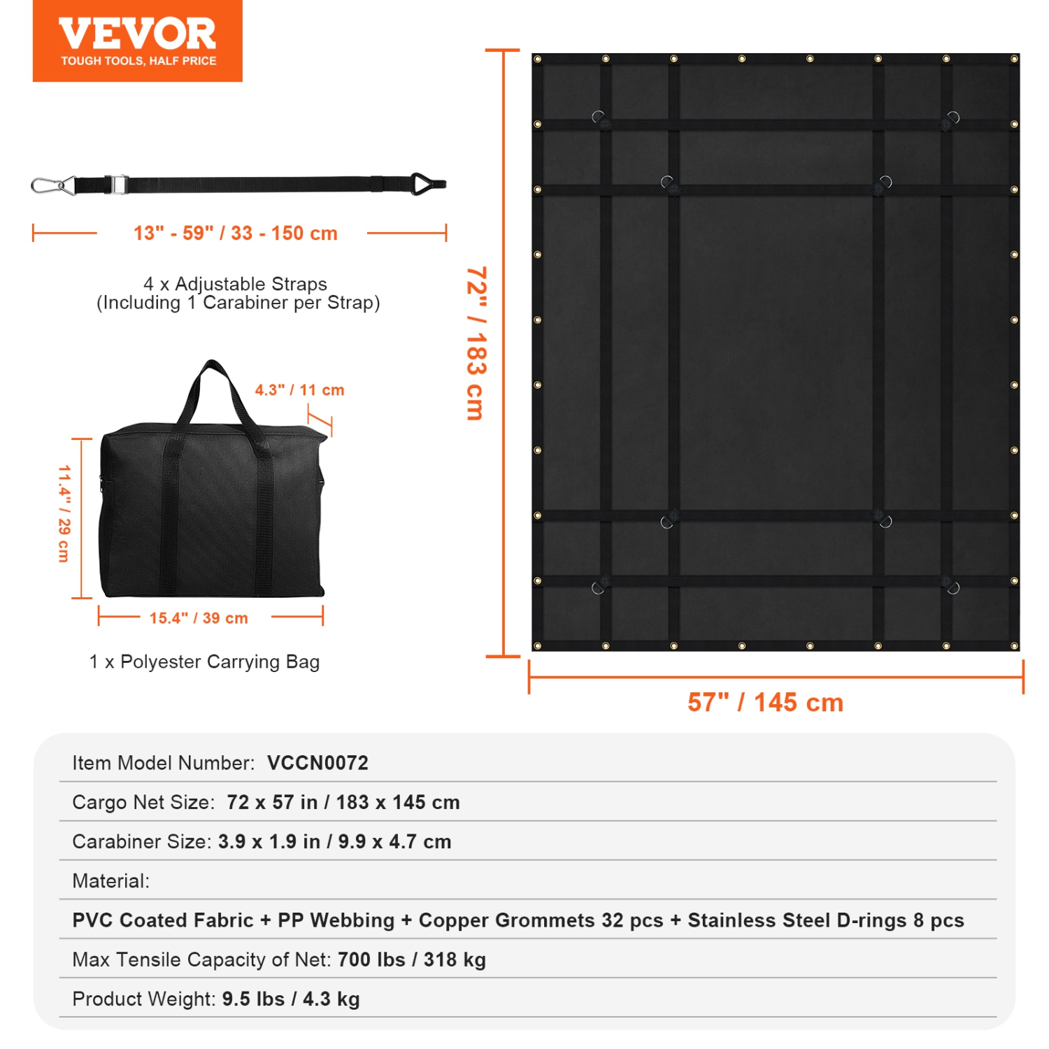 VEVOR 72 in x 57 in Cargo Net, Heavy Duty Truck Cargo Net for Truck Bed, 4 Adjustable Straps with Carabiners and Rubber Coated Hooks, Durable,