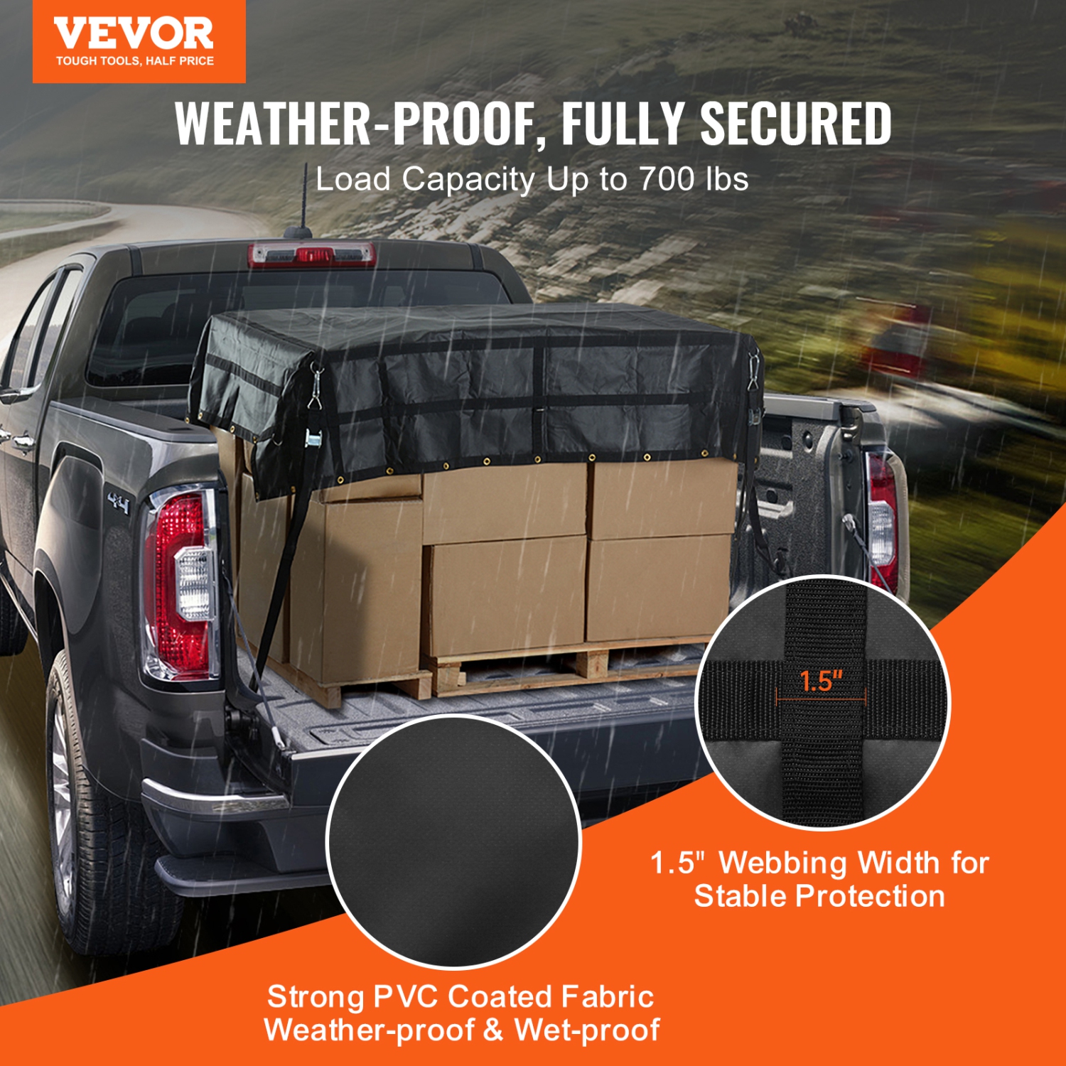 VEVOR 96 in x 81 in Cargo Net, Heavy Duty Truck Cargo Net for Truck Bed, 4 Adjustable Straps with Carabiners and Rubber Coated Hooks, Durable,
