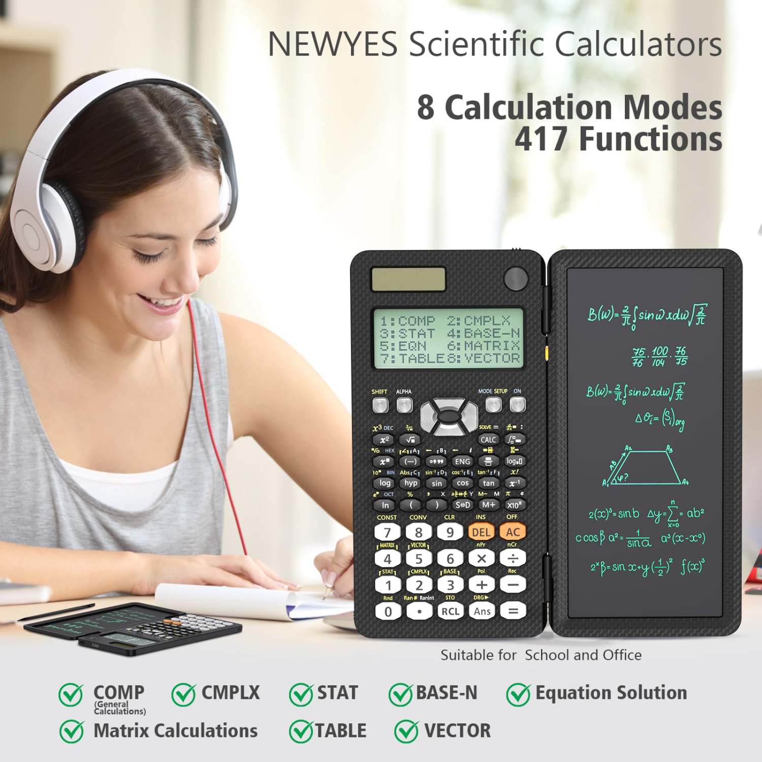 Rechargeable Scientific Calculator 991ES with Notepad, 417 Functions Science Calculator with Writing Tablet for College High School Middle School