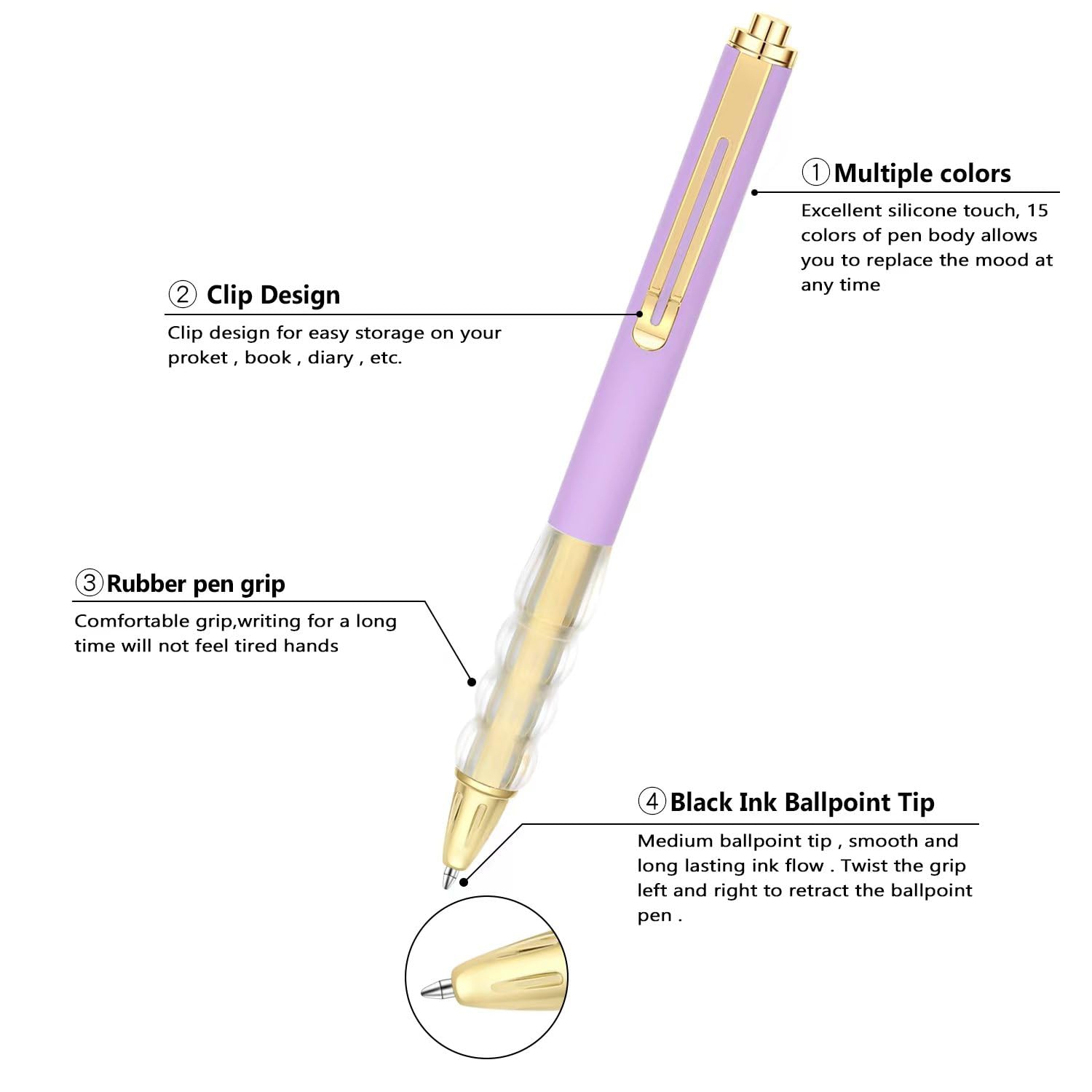 Ensemble de 15 stylos à bille à pointe moyenne noire avec stylo à bille rétractable à prise très douce 1,0&nbsp;mm Décoration de bureau Fournitures
