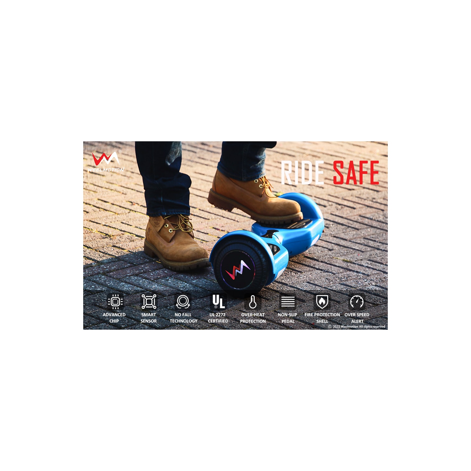 Planche gyroscopique tout-terrain bleue WEELMOTION 6,5", PLUS GROSSE batterie que les autres lumières et roues brillantes LED moins chères,