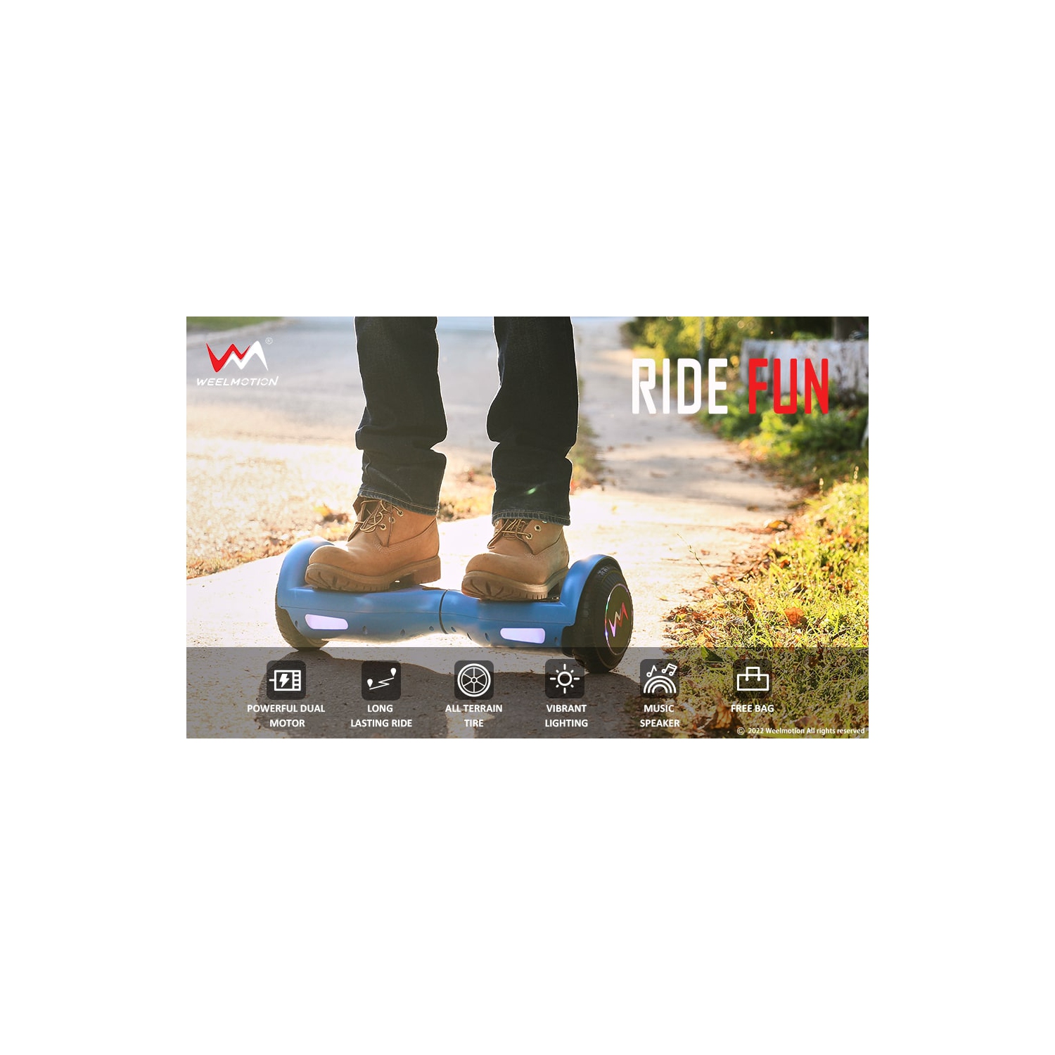 Planche gyroscopique tout-terrain bleue WEELMOTION 6,5", PLUS GROSSE batterie que les autres lumières et roues brillantes LED moins chères,