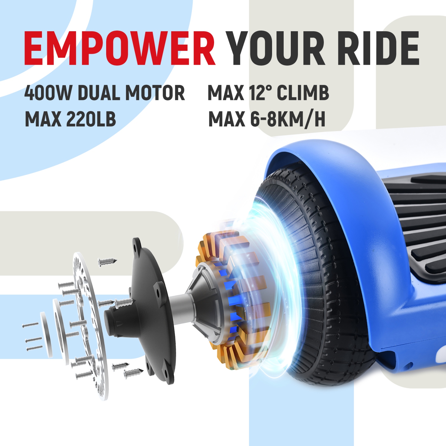 Planche gyroscopique tout-terrain bleue WEELMOTION 6,5", PLUS GROSSE batterie que les autres lumières et roues brillantes LED moins chères,