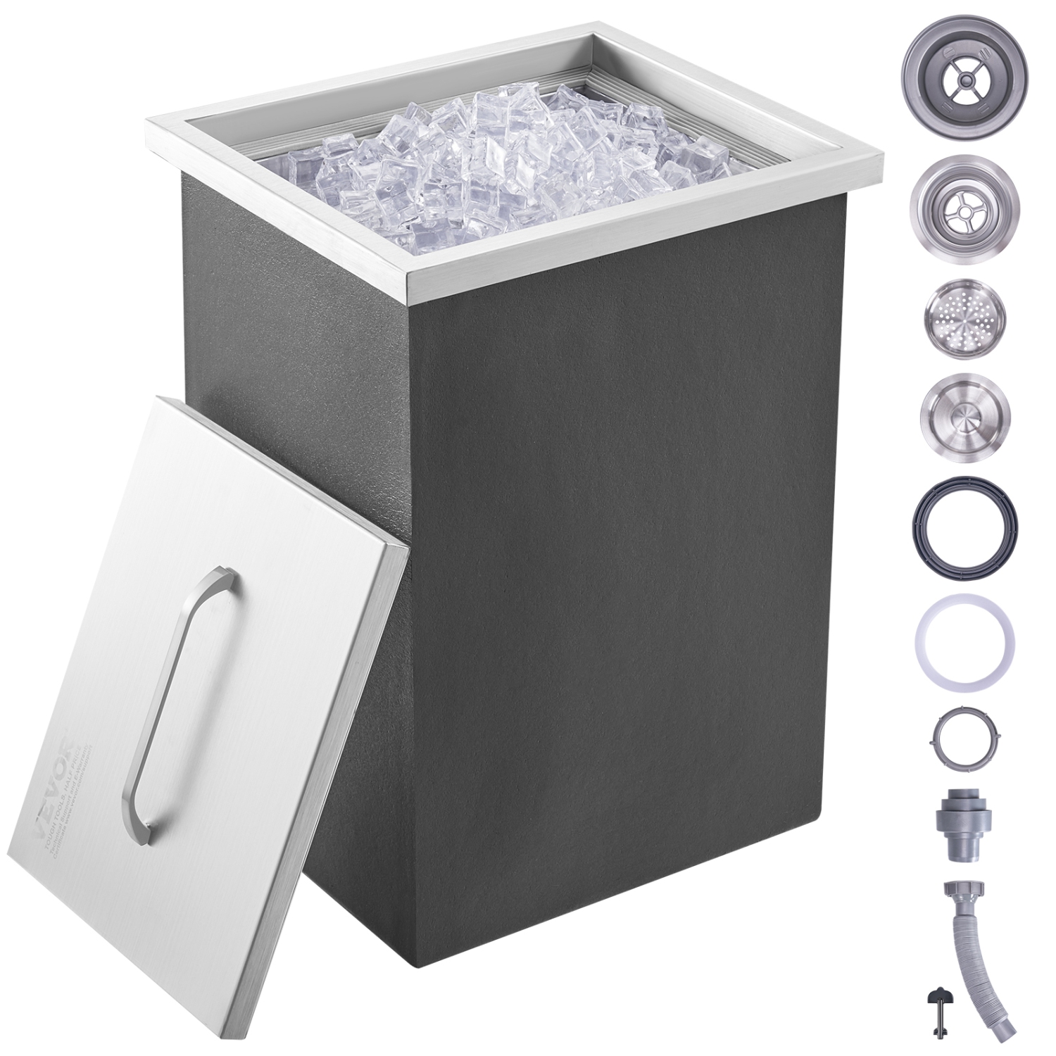 VEVOR 14"L x 12"W x 18"H Drop in Ice Chest, Stainless Steel, Commercial Ice Bin with Cover, 40 qt Outdoor Kitchen Ice Bar, Drain-pipe and Drain Plug