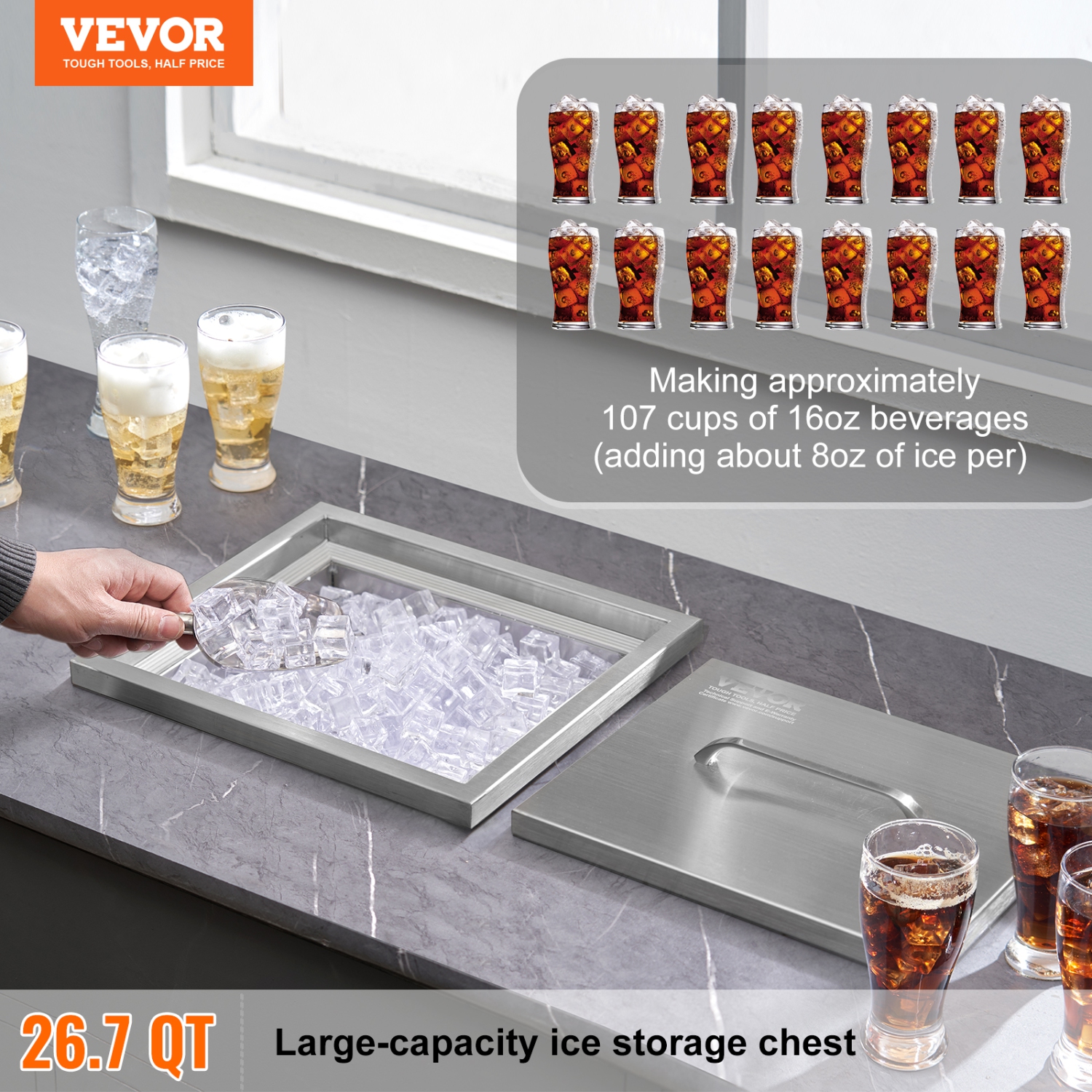 VEVOR 14"L x 12"W x 18"H Drop in Ice Chest, Stainless Steel, Commercial Ice Bin with Cover, 40 qt Outdoor Kitchen Ice Bar, Drain-pipe and Drain Plug