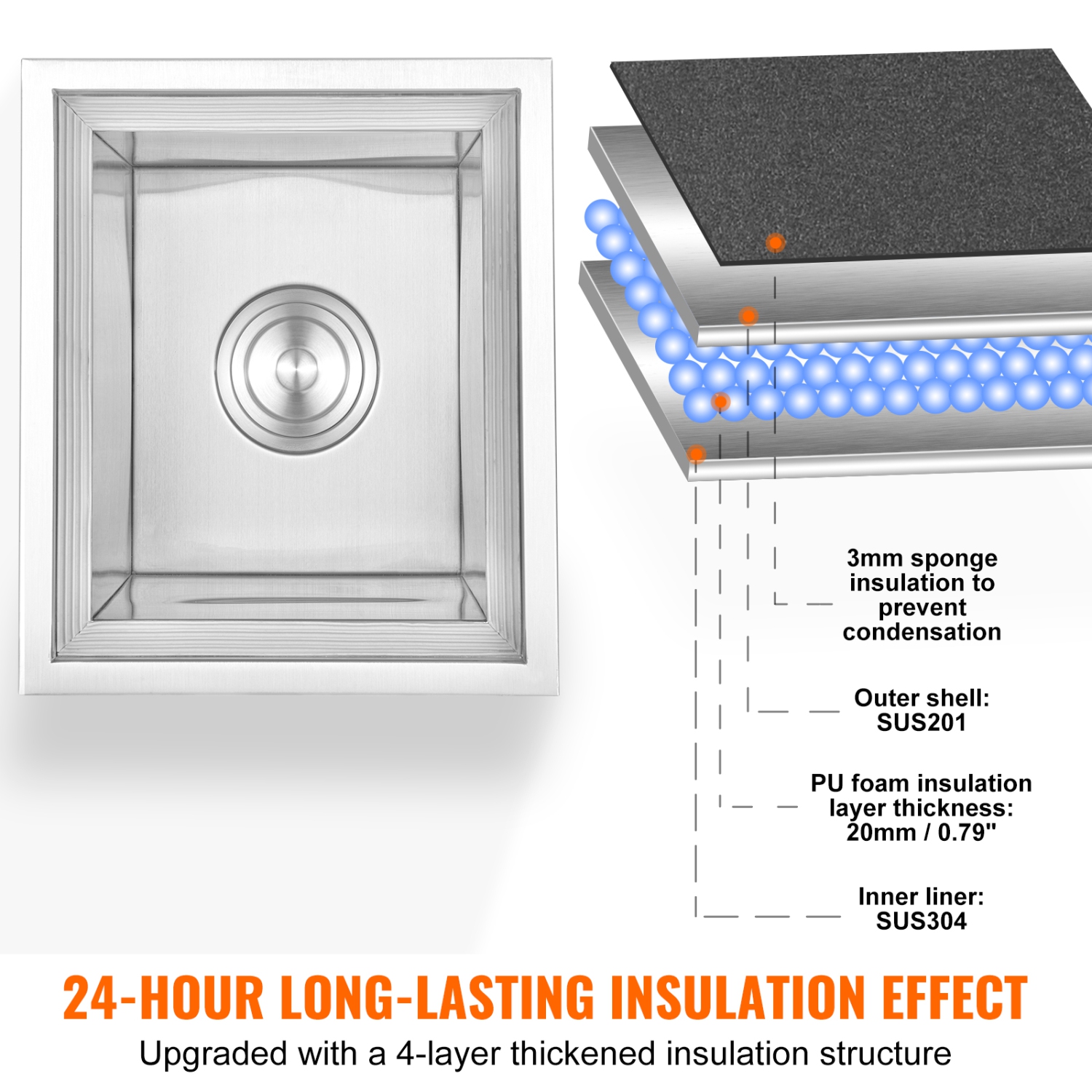 VEVOR 14"L x 12"W x 18"H Drop in Ice Chest, Stainless Steel, Commercial Ice Bin with Cover, 40 qt Outdoor Kitchen Ice Bar, Drain-pipe and Drain Plug