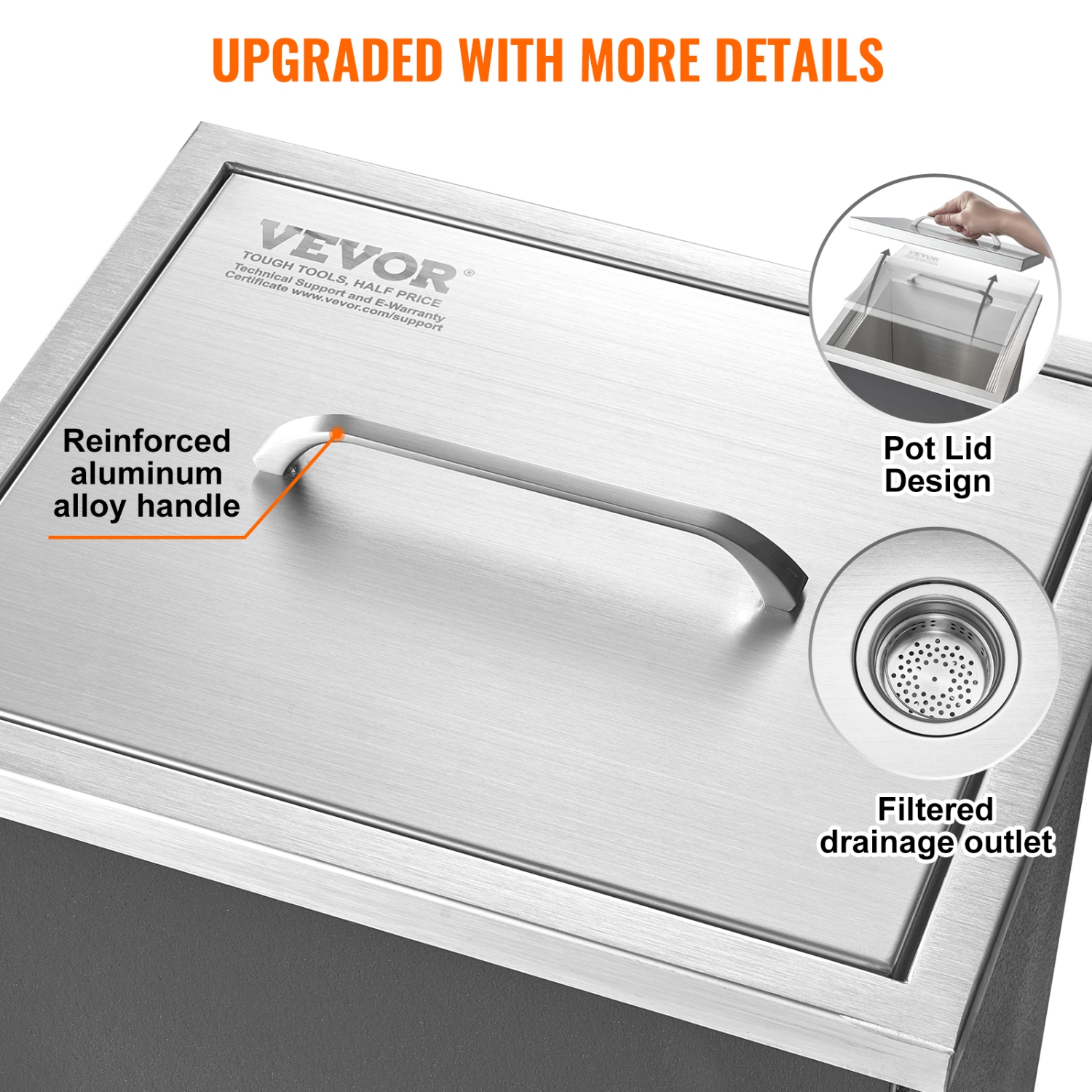 VEVOR 14"L x 12"W x 18"H Drop in Ice Chest, Stainless Steel, Commercial Ice Bin with Cover, 40 qt Outdoor Kitchen Ice Bar, Drain-pipe and Drain Plug
