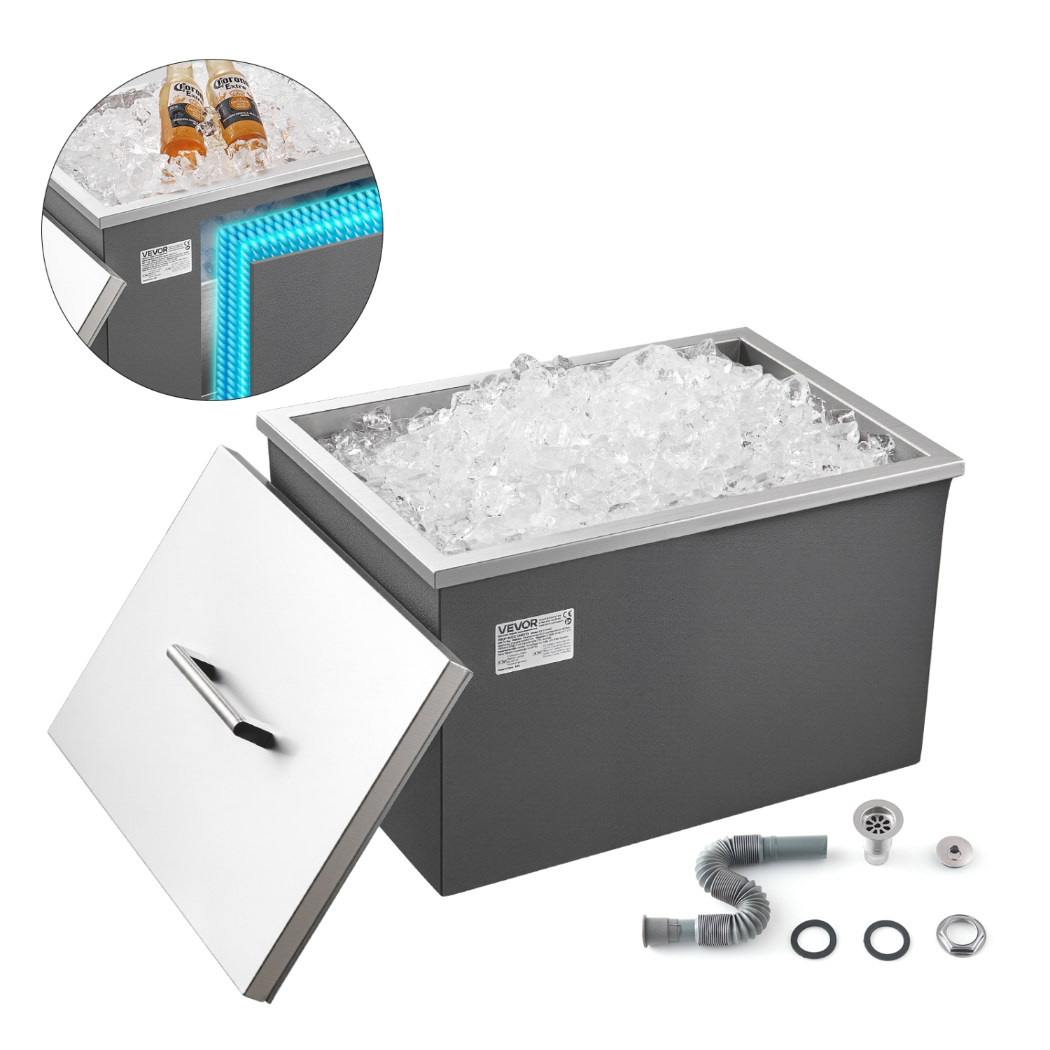 VEVOR 20"L x 14"W x 12"H Drop in Ice Chest, Stainless Steel, 31.7 Quart Commercial Ice Bin with Pot Lid for Outdoor Kitchen Patio Bar, Drain-pipe Set