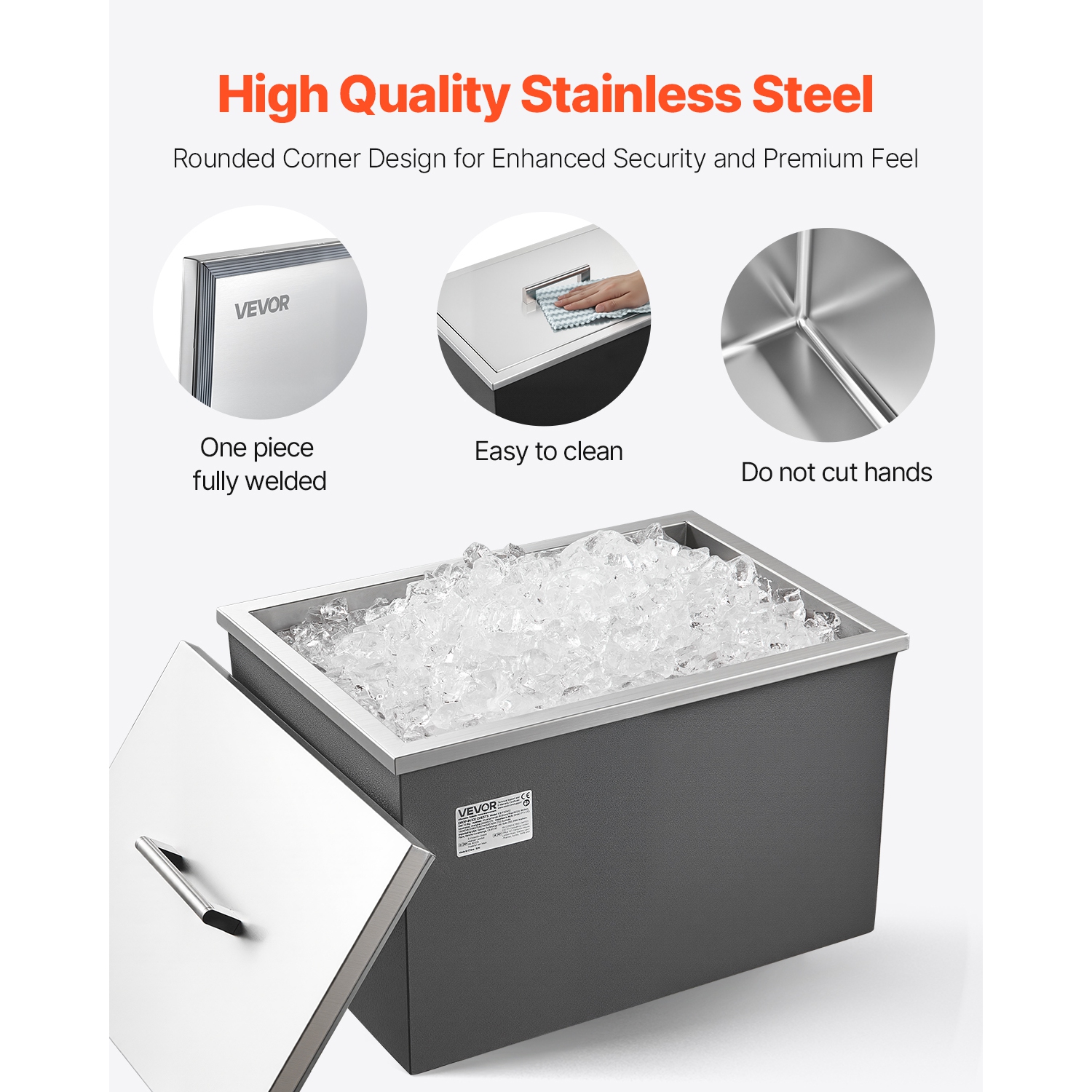 VEVOR 20"L x 14"W x 12"H Drop in Ice Chest, Stainless Steel, 31.7 Quart Commercial Ice Bin with Pot Lid for Outdoor Kitchen Patio Bar, Drain-pipe Set