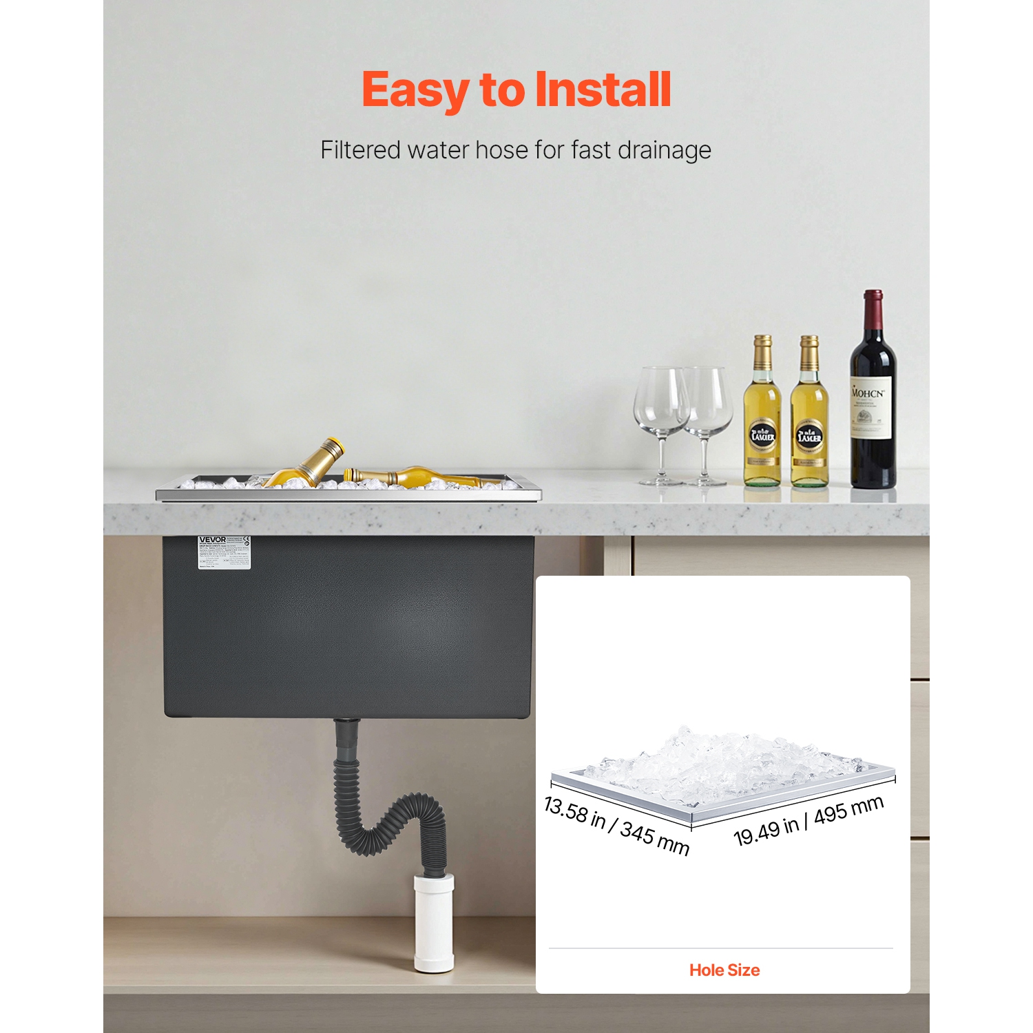 VEVOR 20"L x 14"W x 12"H Drop in Ice Chest, Stainless Steel, 31.7 Quart Commercial Ice Bin with Pot Lid for Outdoor Kitchen Patio Bar, Drain-pipe Set