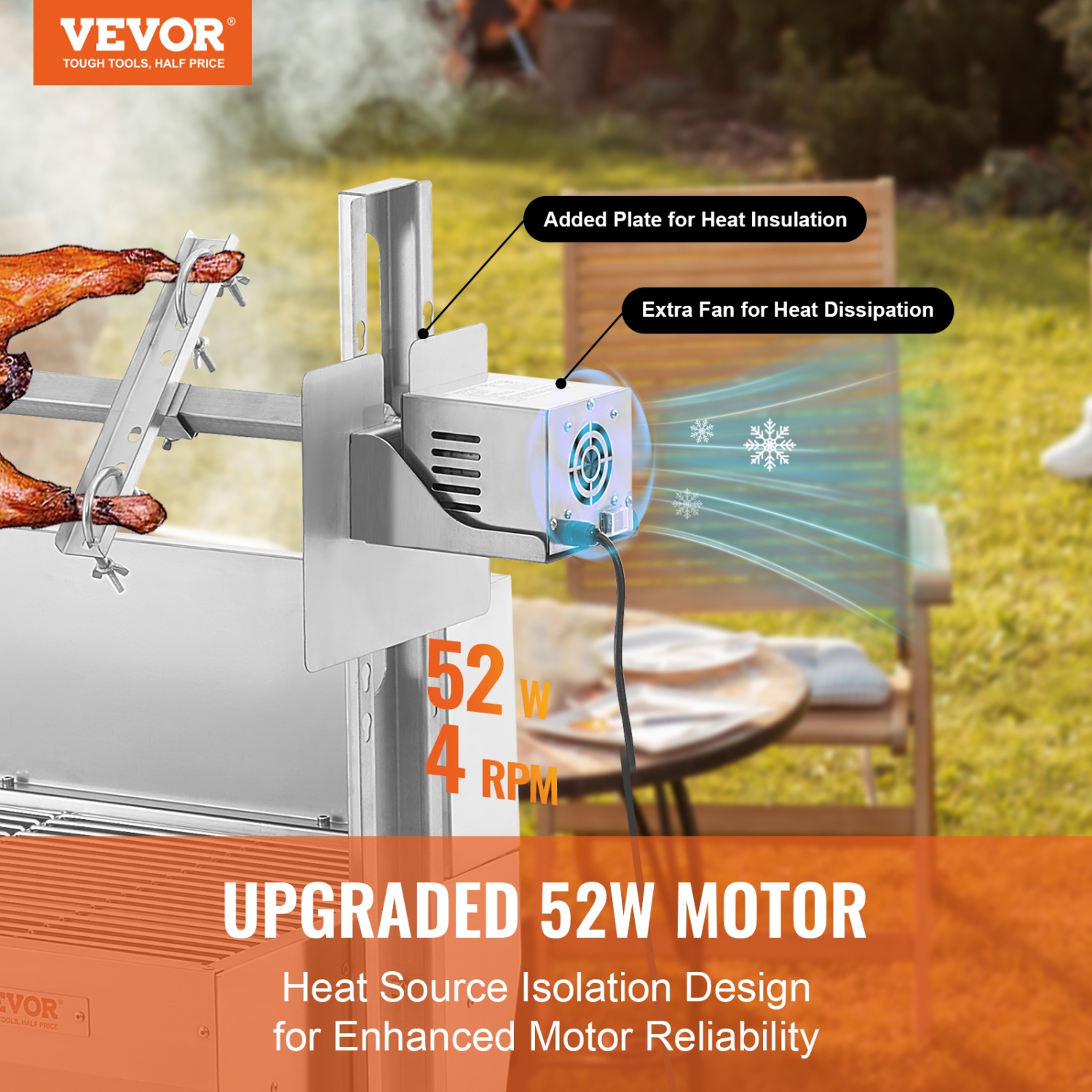 VEVOR 46 Inch Rotisserie Grill with Windscreen, BBQ Whole Pig Lamb Goat Charcoal Spit Grill, 132 Lbs Capacity, Electric 52W Motor Stainless Steel