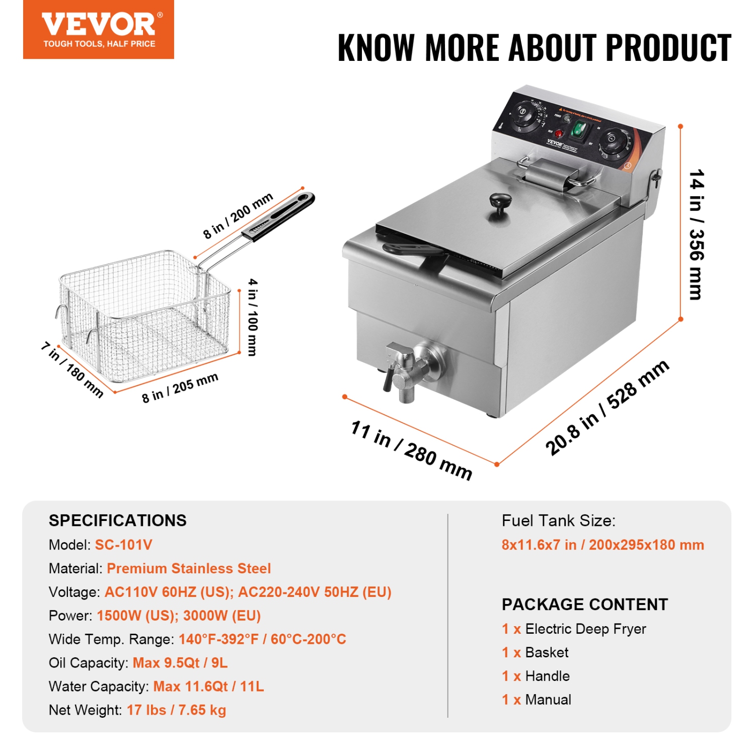 VEVOR 1500W Commercial Deep Fryer, Electric Countertop Fryer with Basket, 11.6Qt / 11L Stainless Steel Single Oil Fryer with Time & Temp Control,